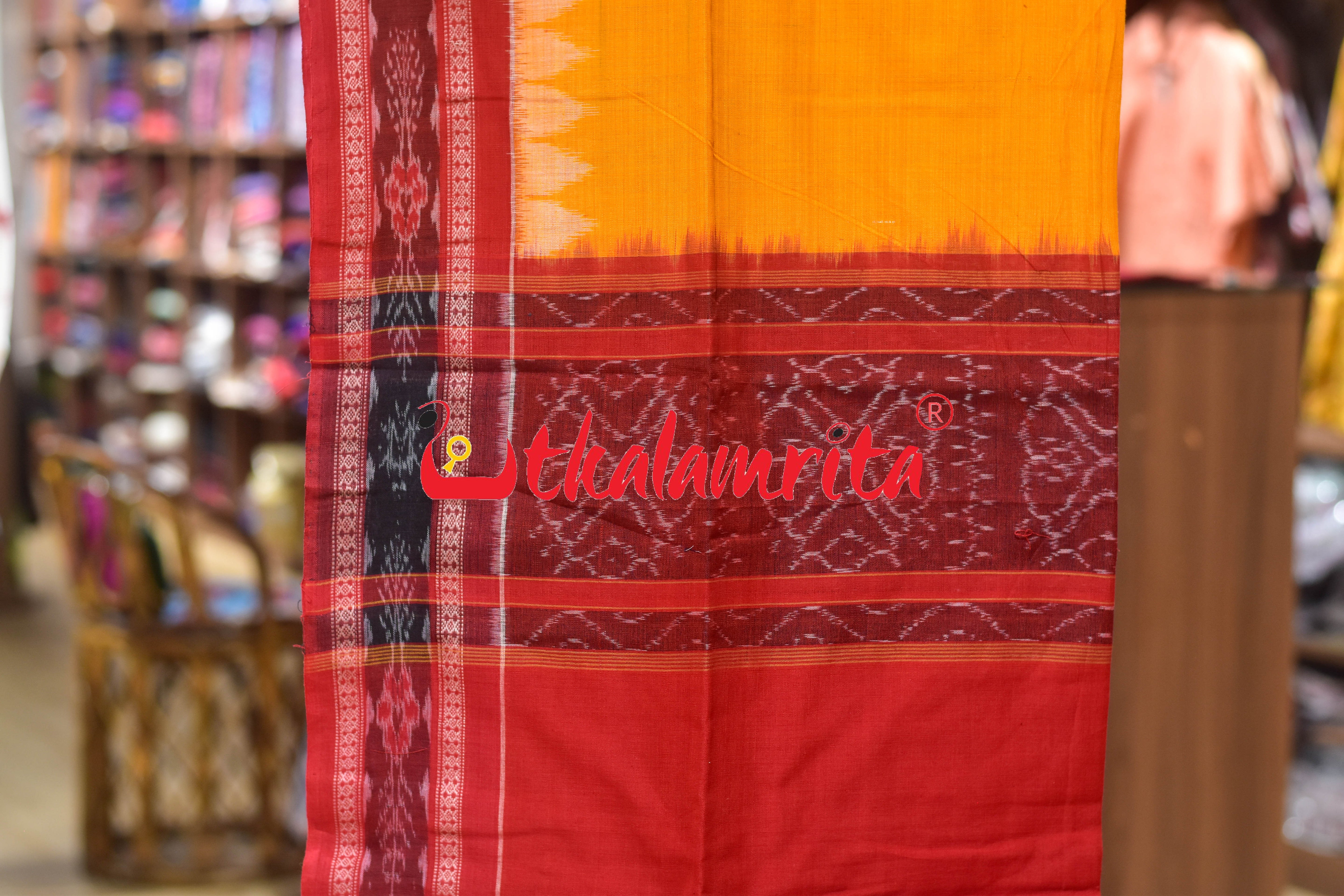 Red Yellow Thikiri Waves Sambalpuri Cotton Dress Set