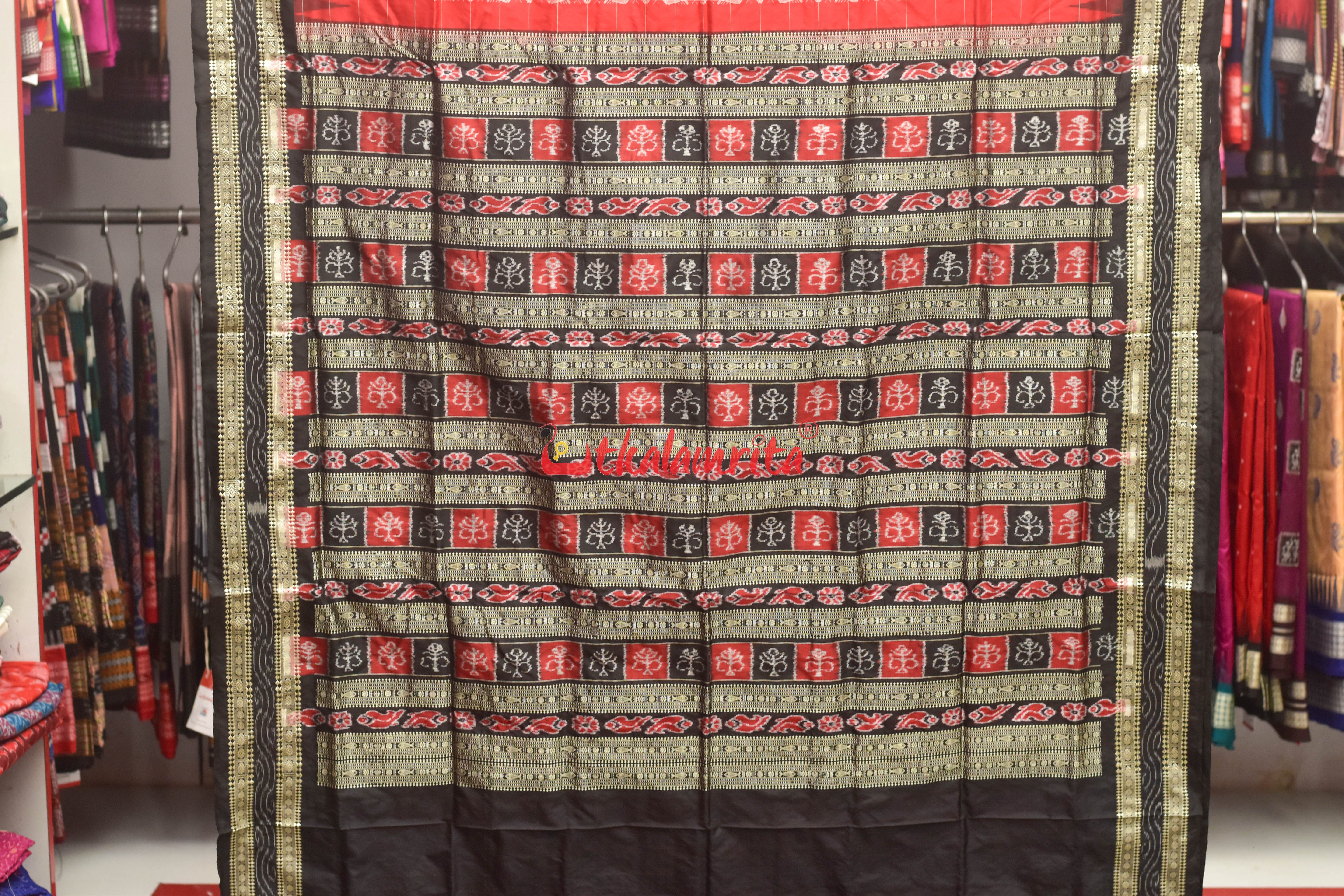 Hazar Buti Red Black Bomkai Silk Saree
