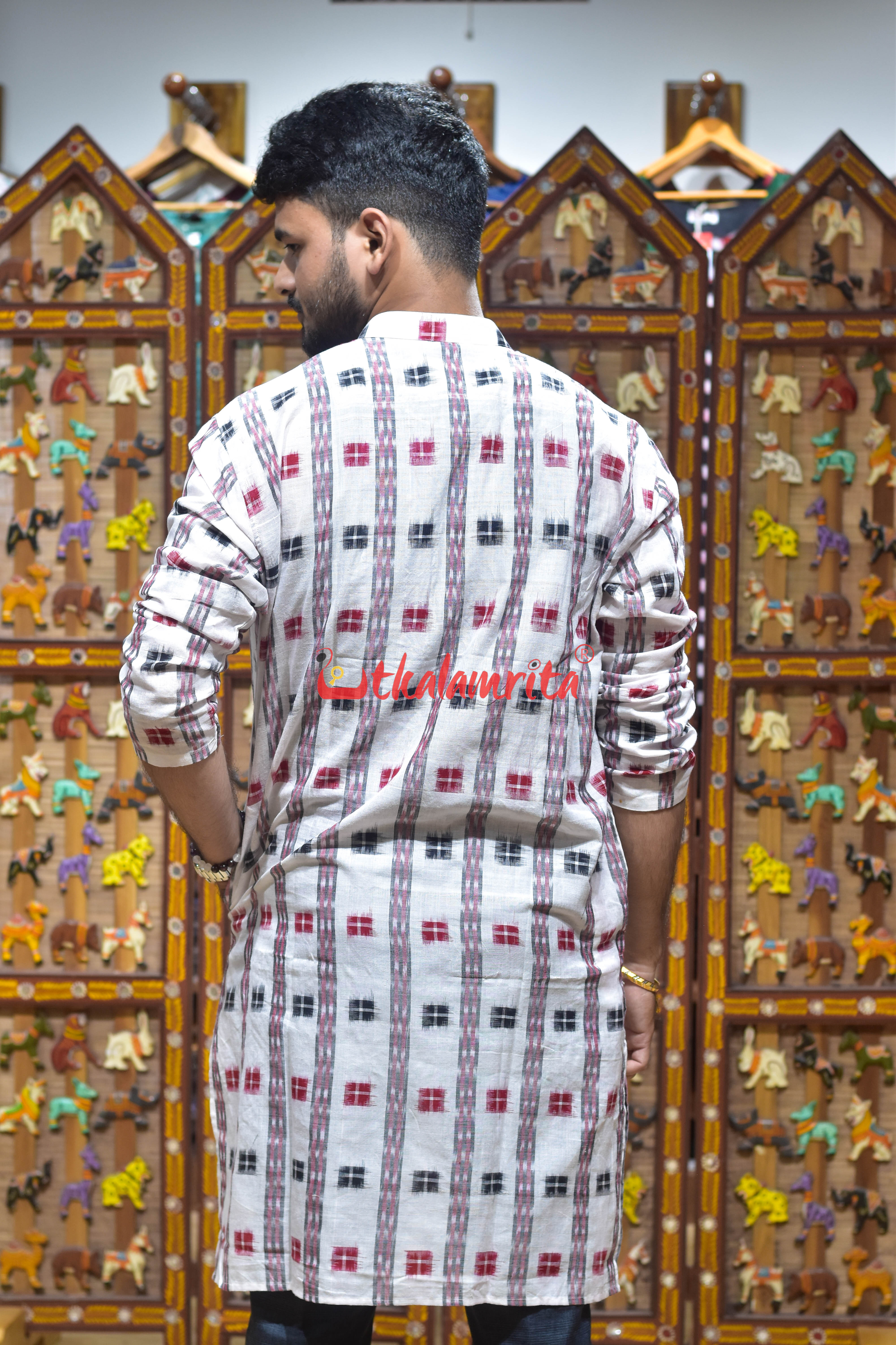 White Black Red Pasapali (Men's Long Kurta)