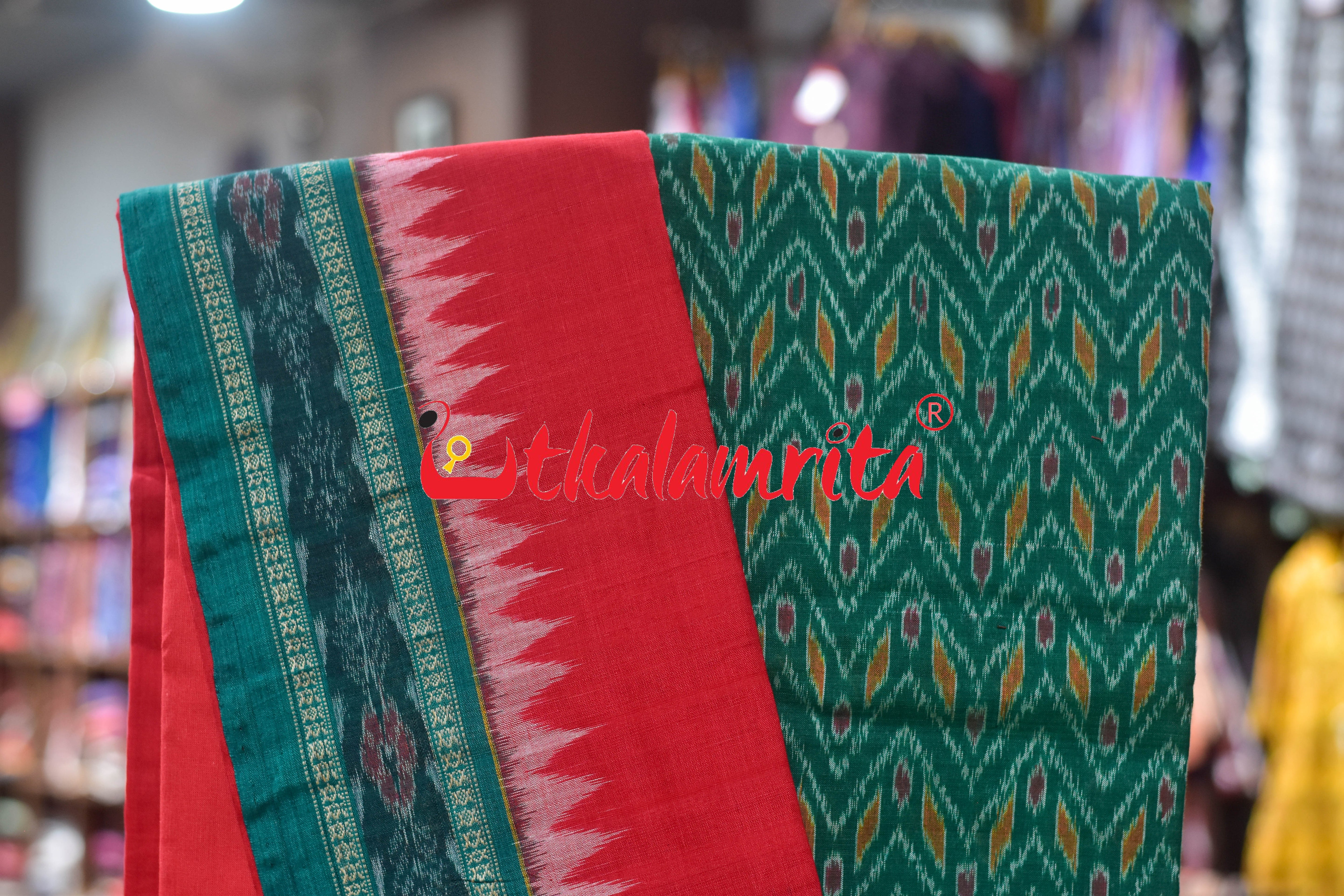 Green Red Thikiri Waves Sambalpuri Cotton Dress Set