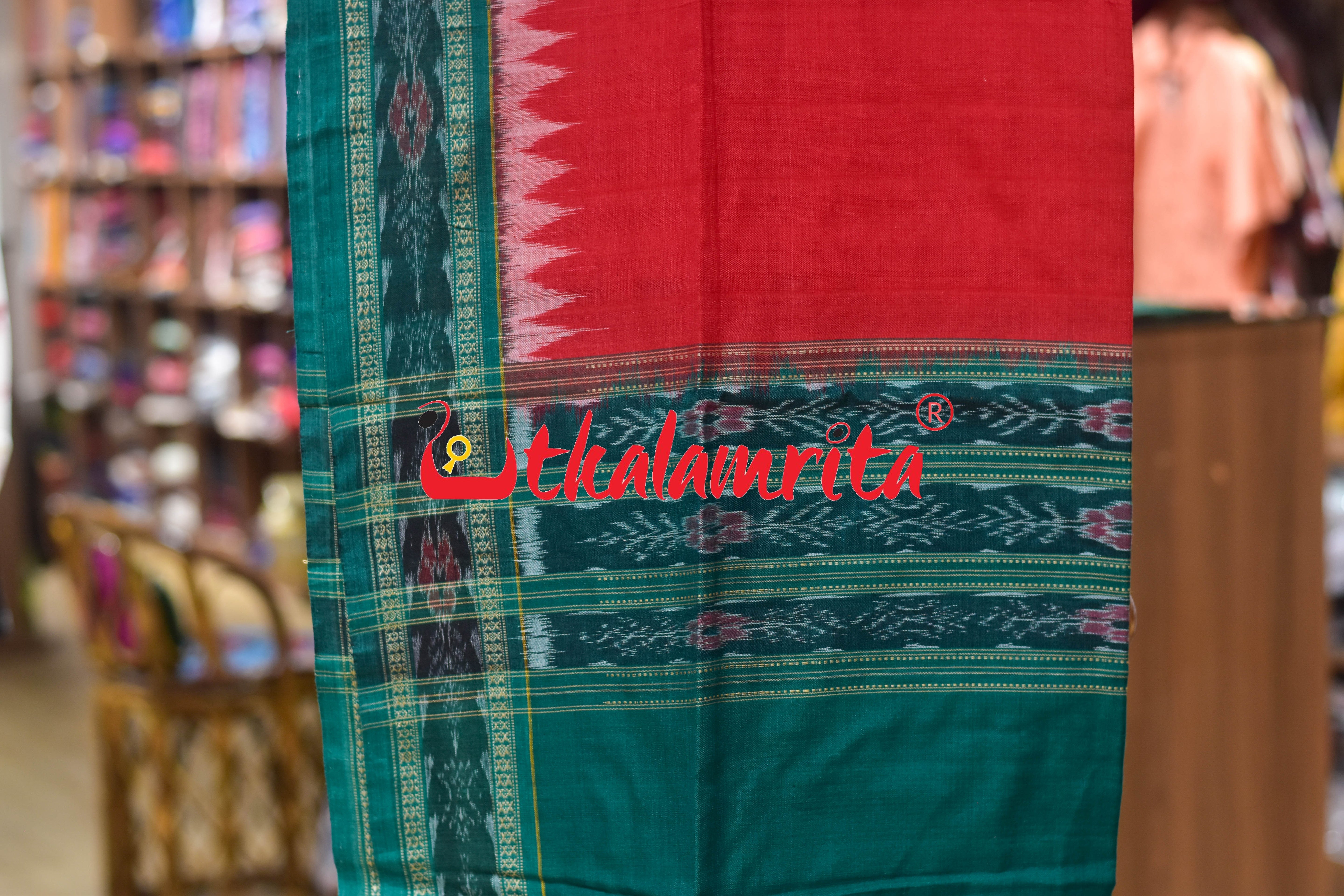 Green Red Thikiri Waves Sambalpuri Cotton Dress Set