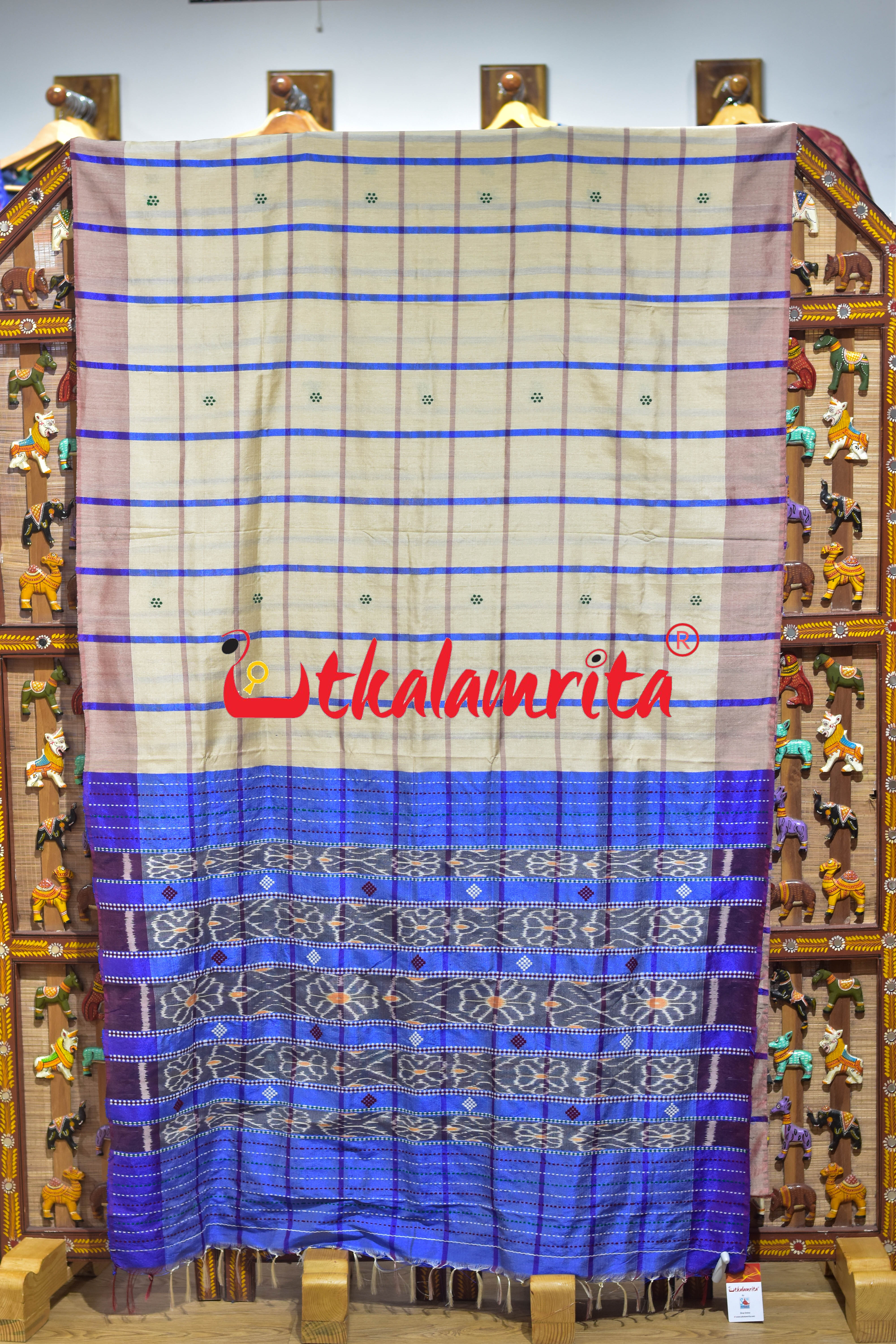 Cream Blue Traditional Design Gopalpur Saree