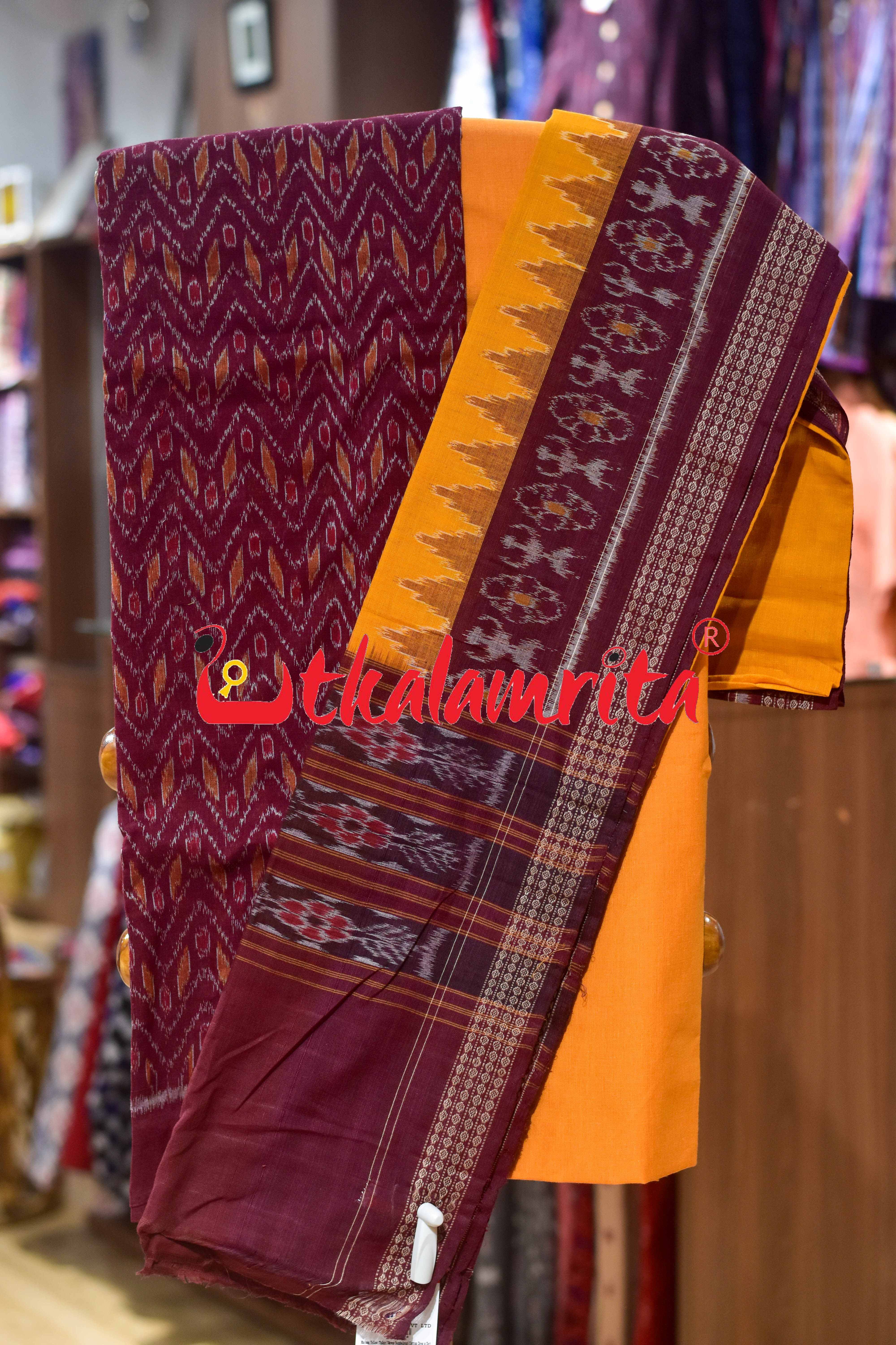 Maroon Yellow Thikiri Waves Sambalpuri Cotton Dress Set