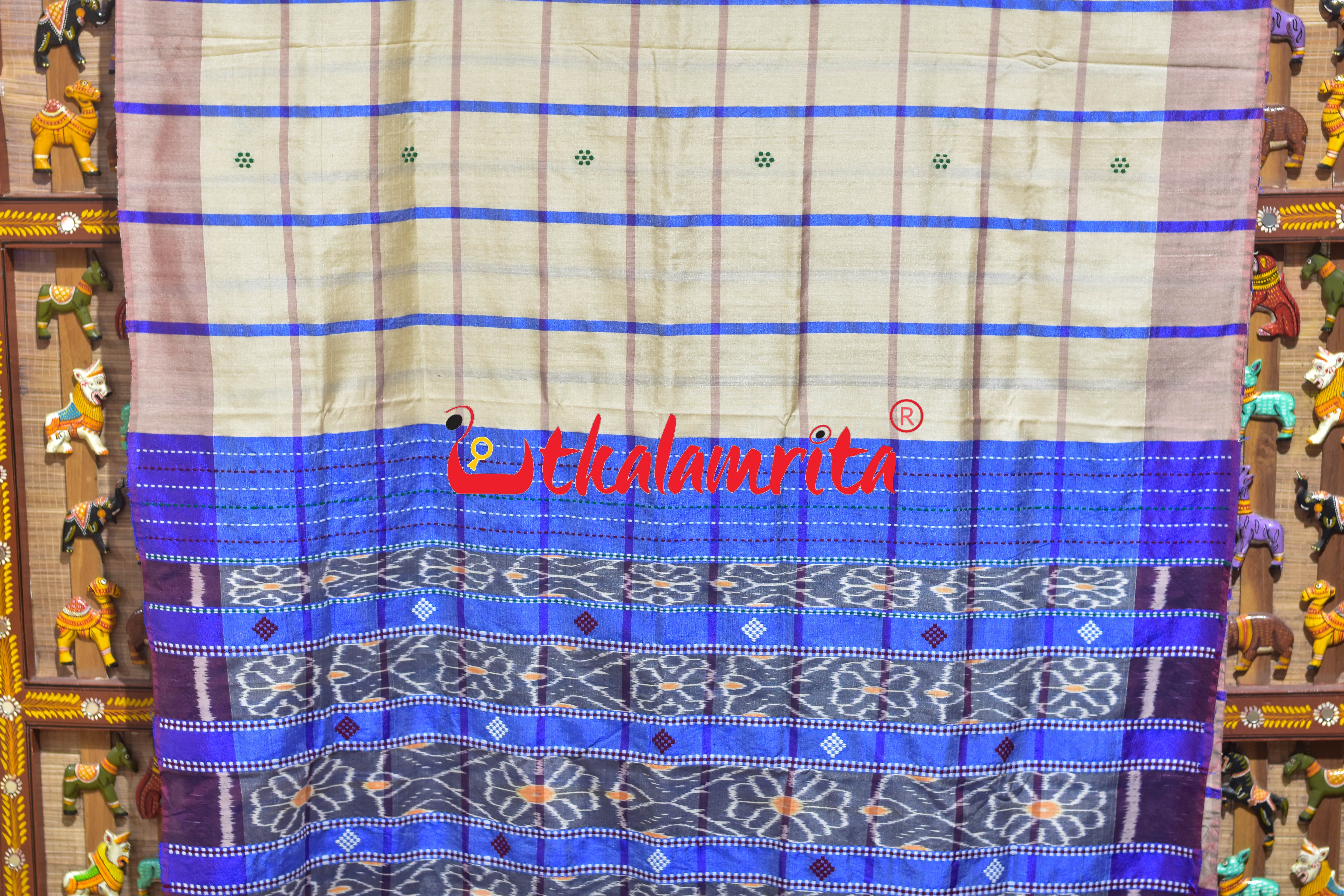 Cream Blue Traditional Design Gopalpur Saree