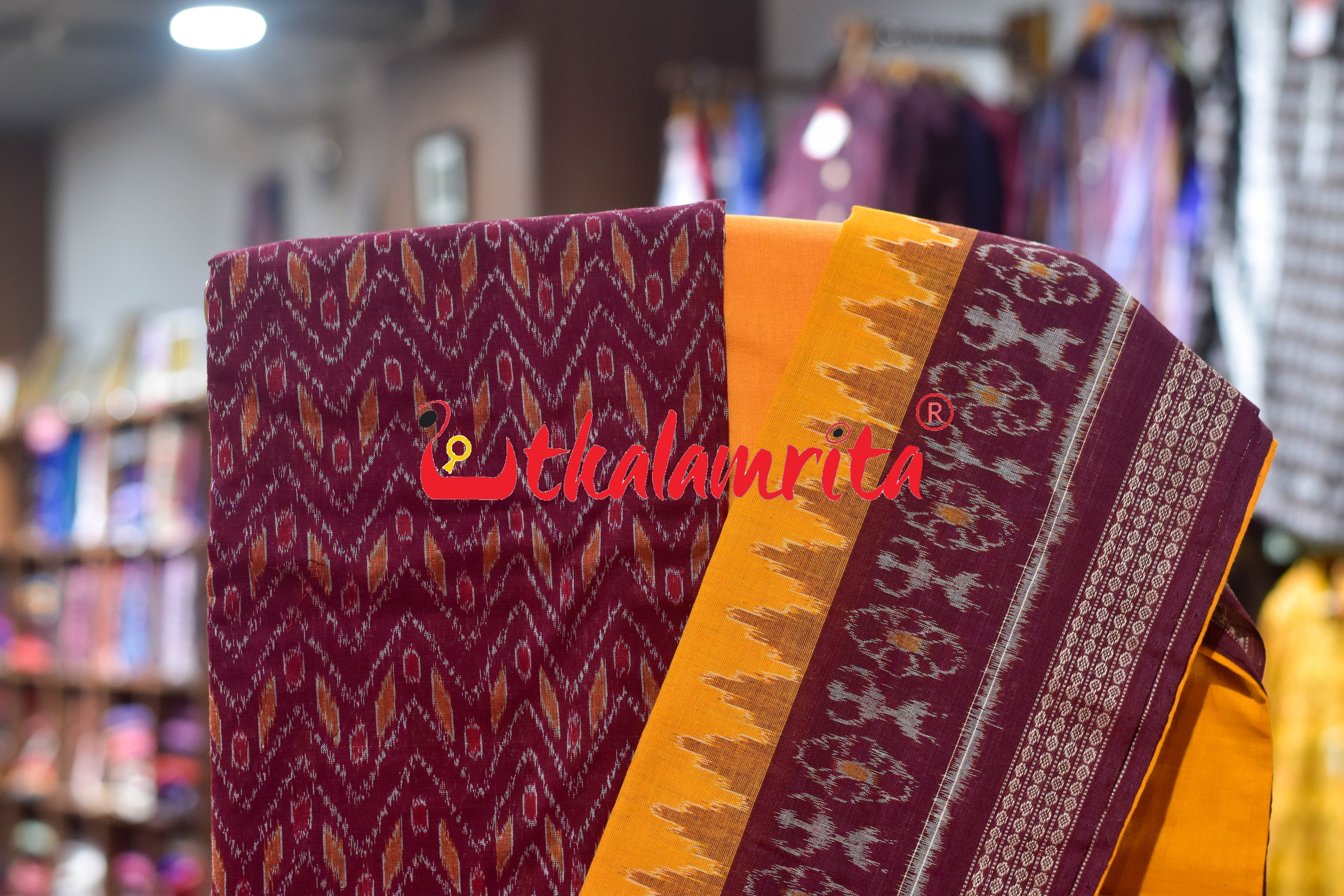 Maroon Yellow Thikiri Waves Sambalpuri Cotton Dress Set