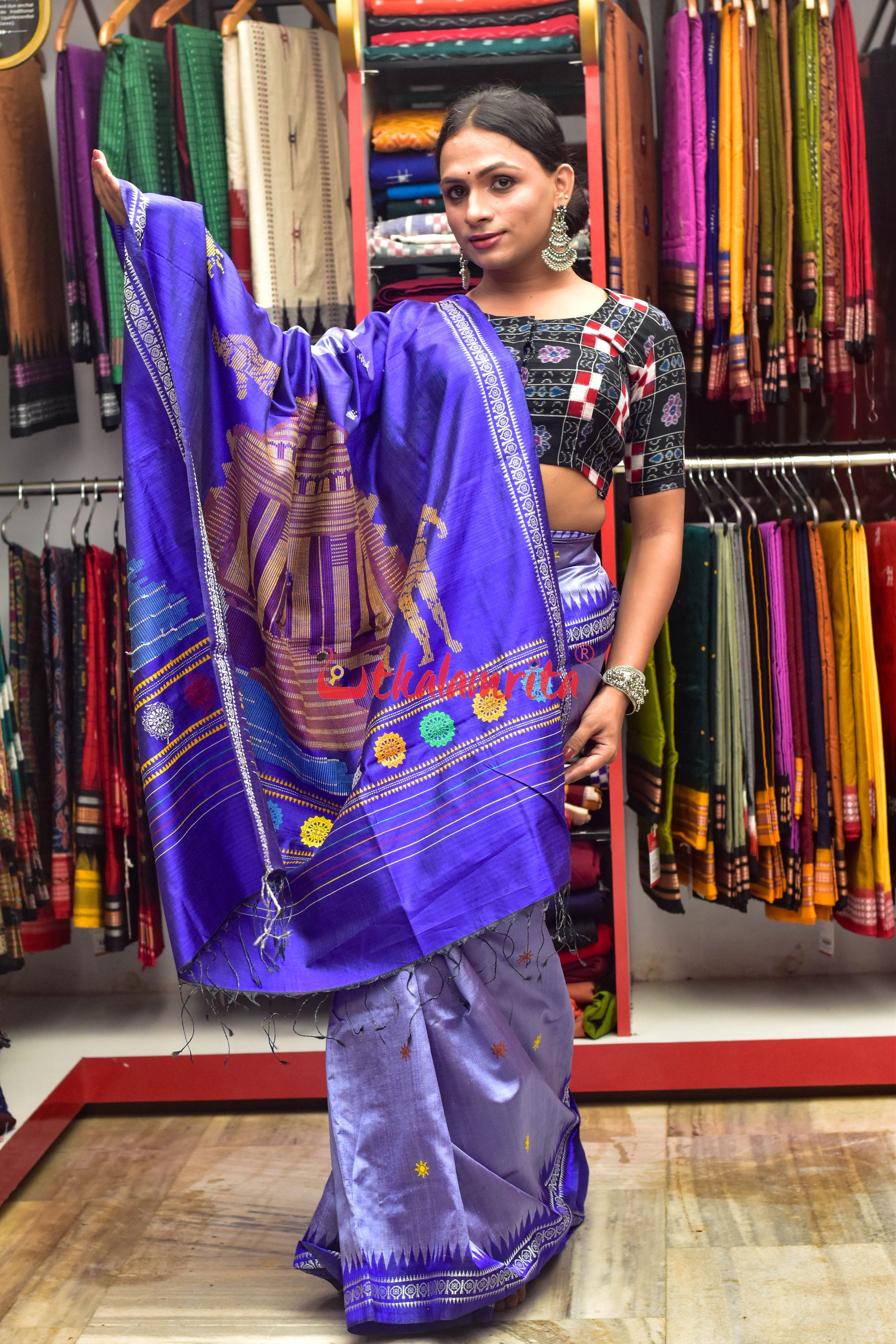 Sky Blue Konark Temple Tussar by Mulberry Silk Saree