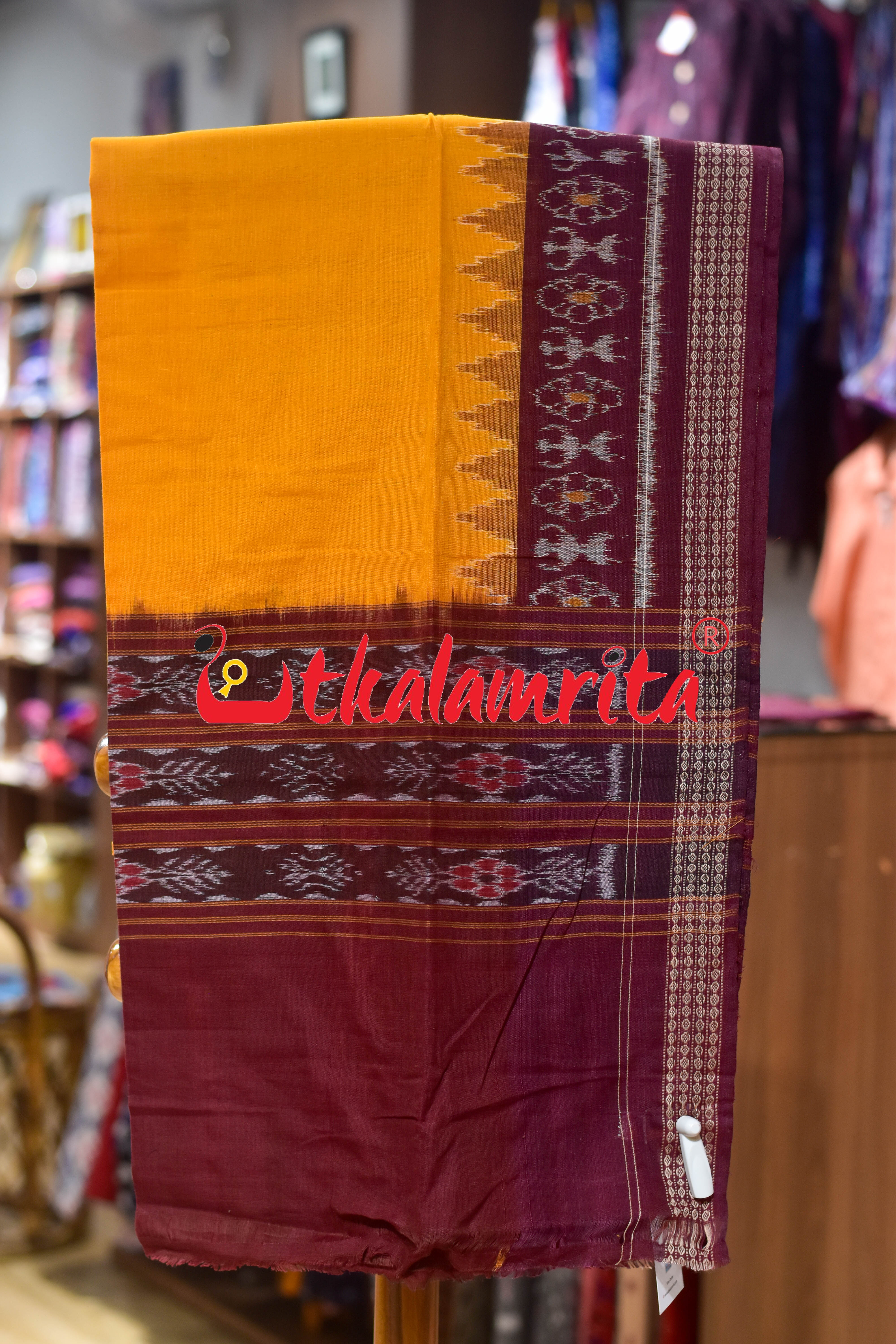 Maroon Yellow Thikiri Waves Sambalpuri Cotton Dress Set