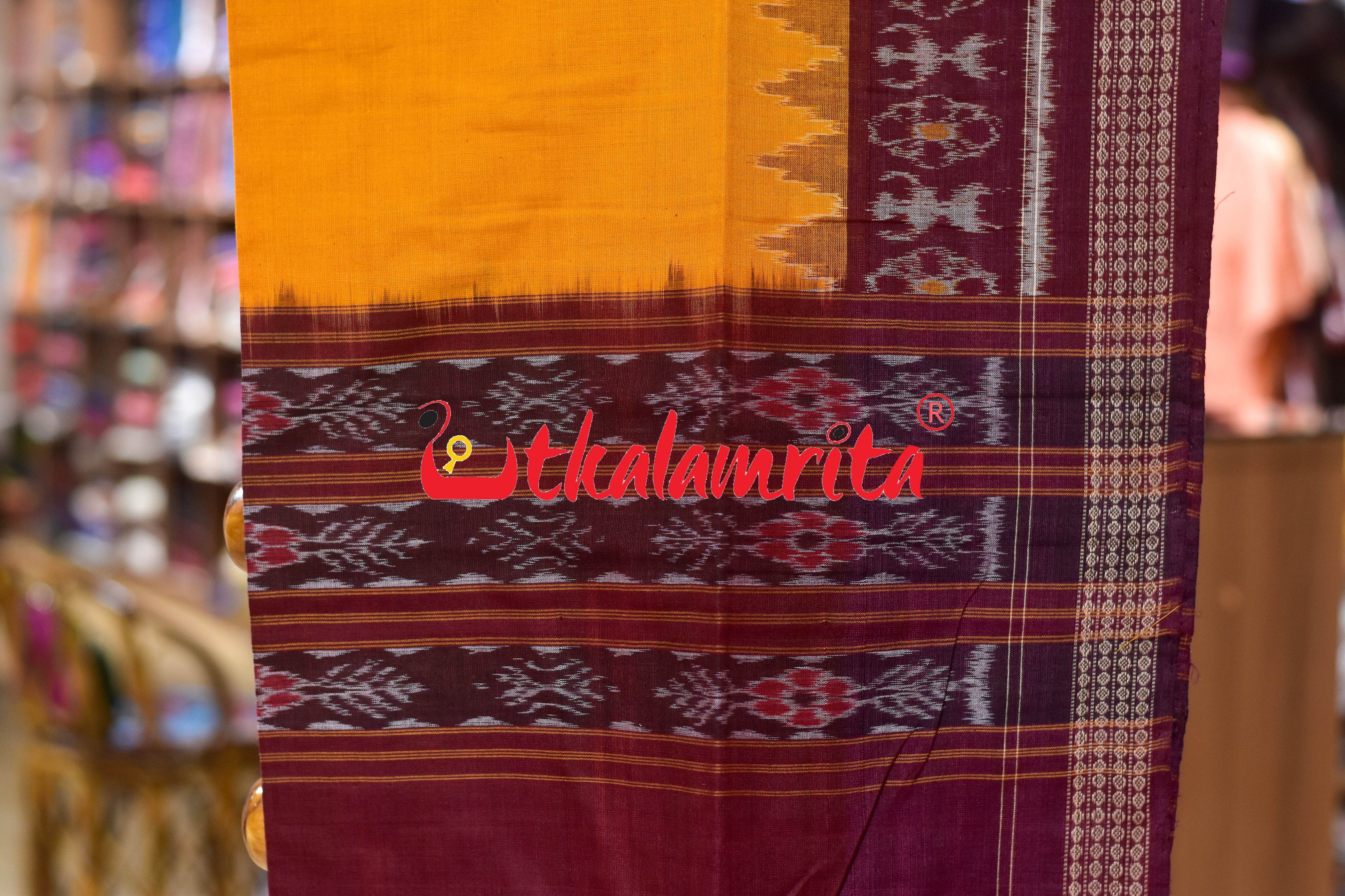 Maroon Yellow Thikiri Waves Sambalpuri Cotton Dress Set