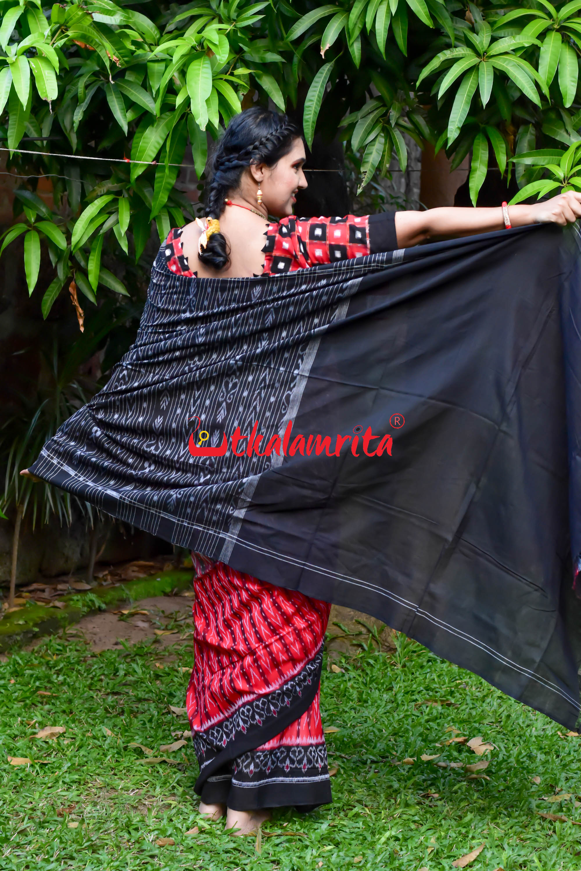 Half Half Pink Red Dhanpatri Sambalpuri Cotton Saree