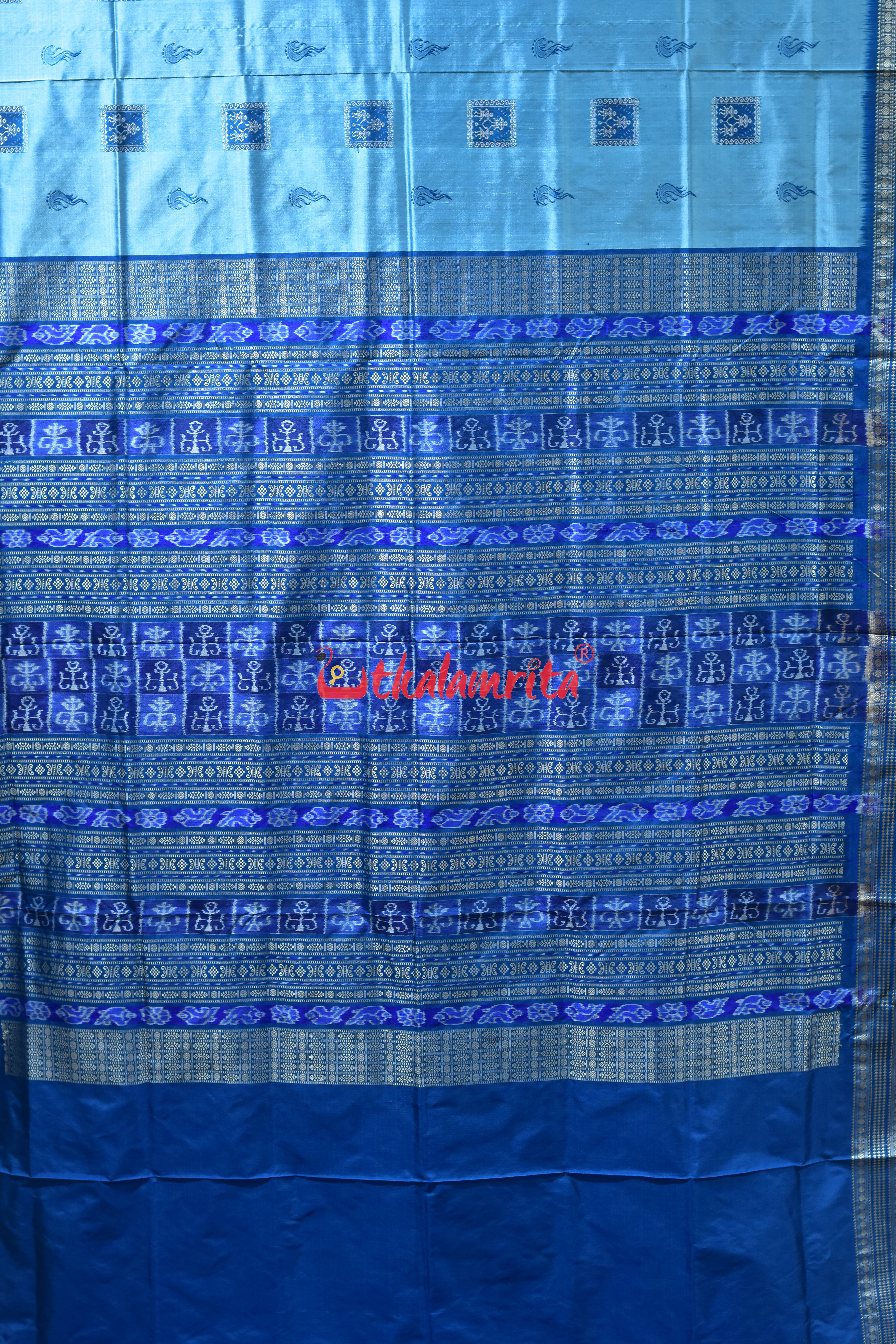 Sea Blue Box Tribal Bomkai Silk Saree