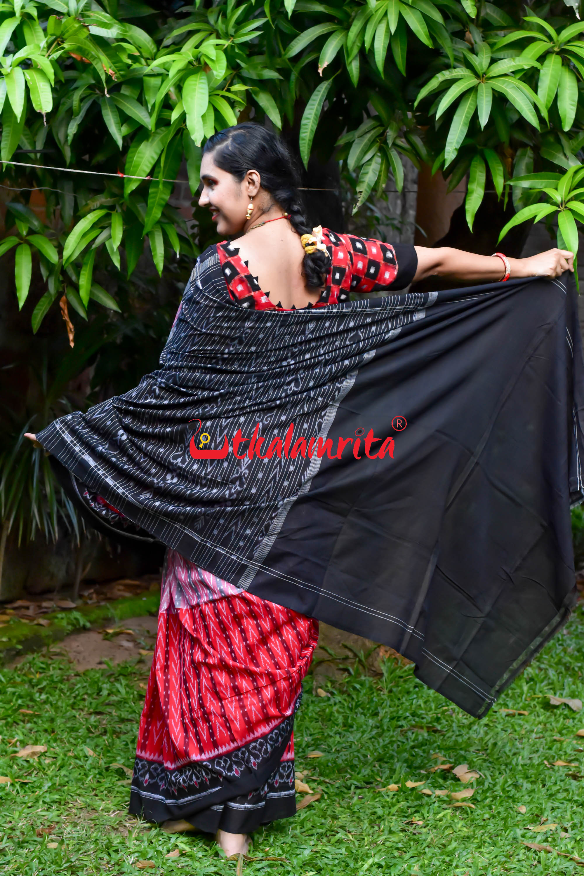 Half Half Pink Red Dhanpatri Sambalpuri Cotton Saree