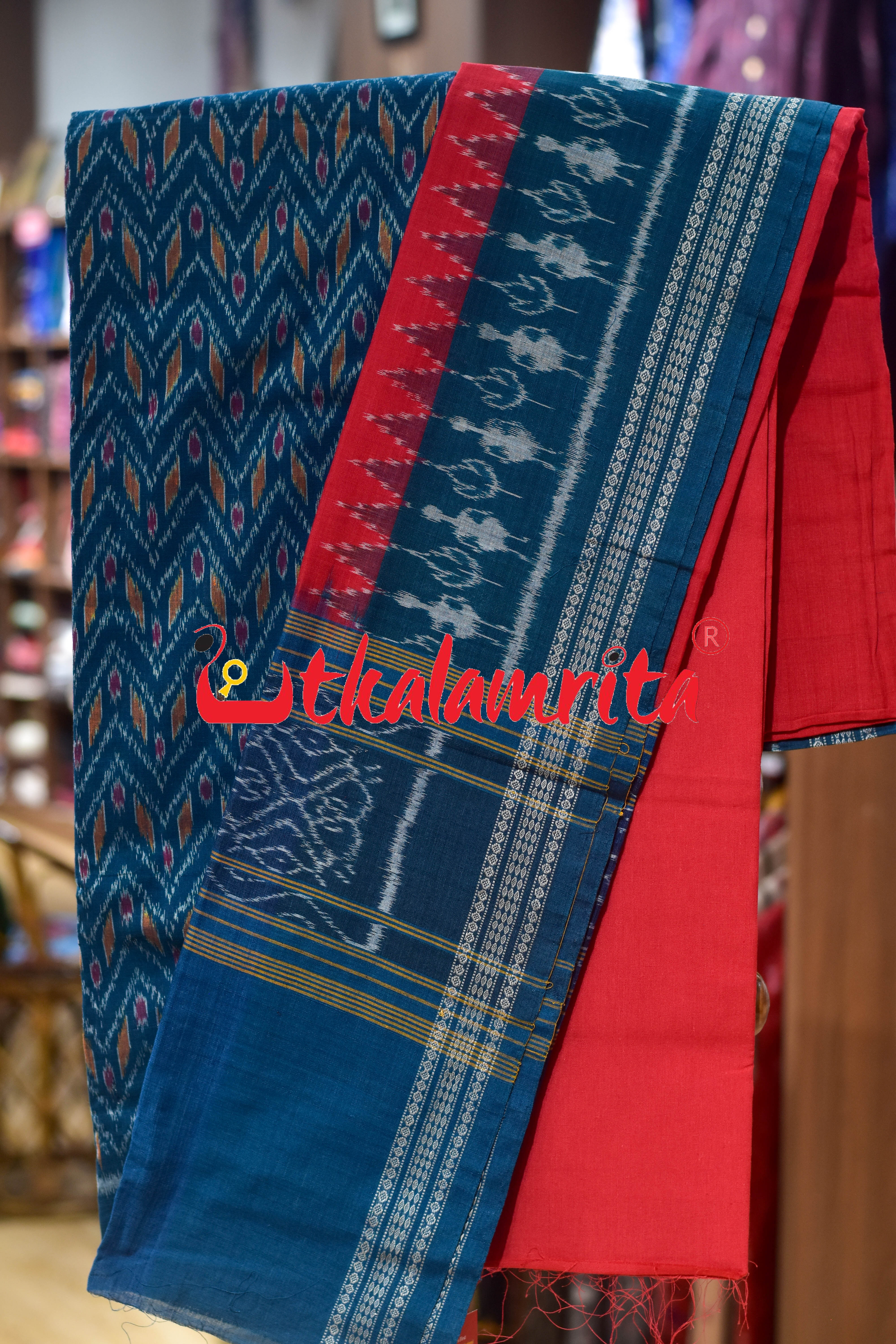 Teal Green Red Thikiri Waves Sambalpuri Cotton Dress Set