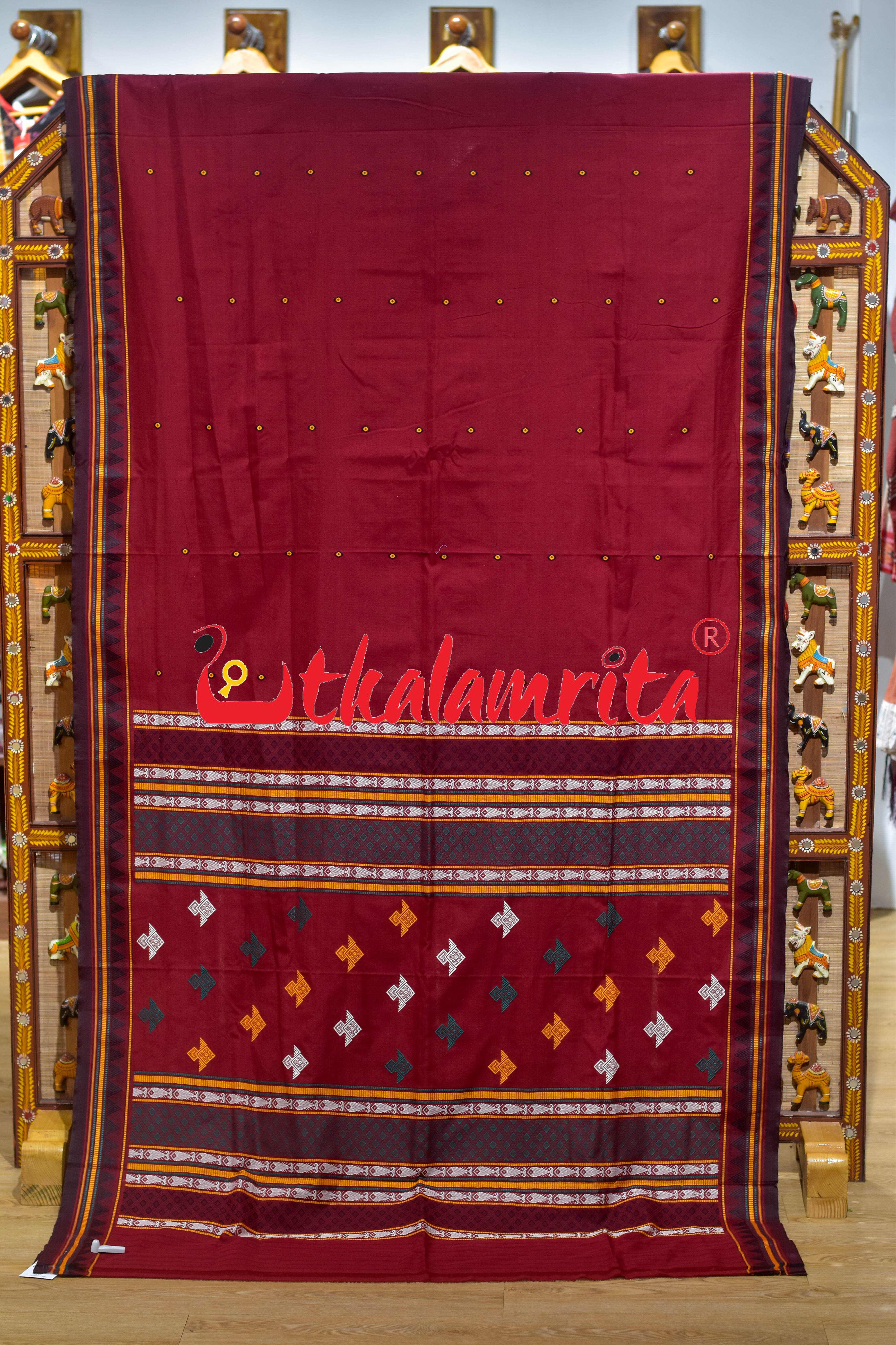 Maroon Black Fish Anchal Dongrioa Cotton Saree