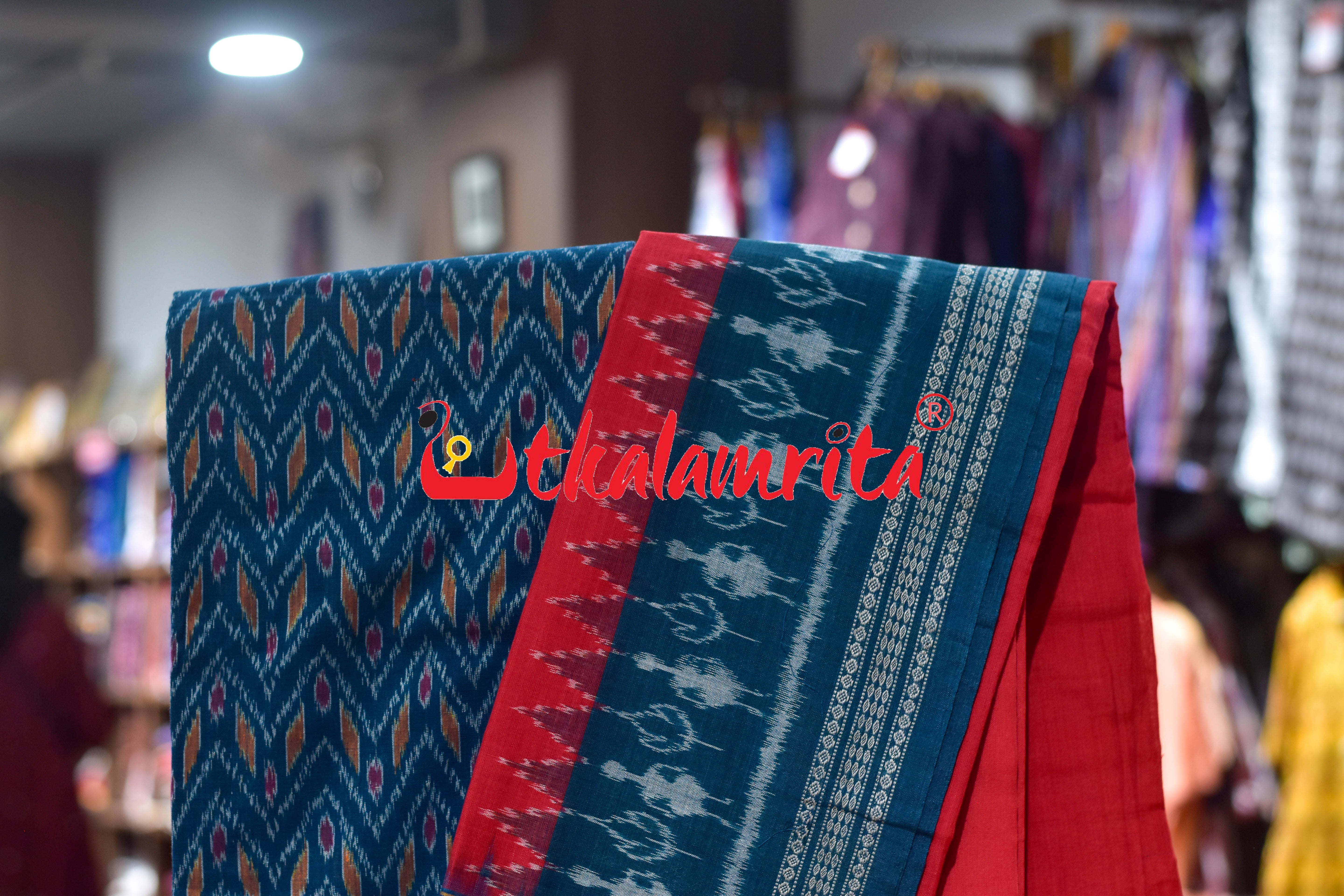 Teal Green Red Thikiri Waves Sambalpuri Cotton Dress Set