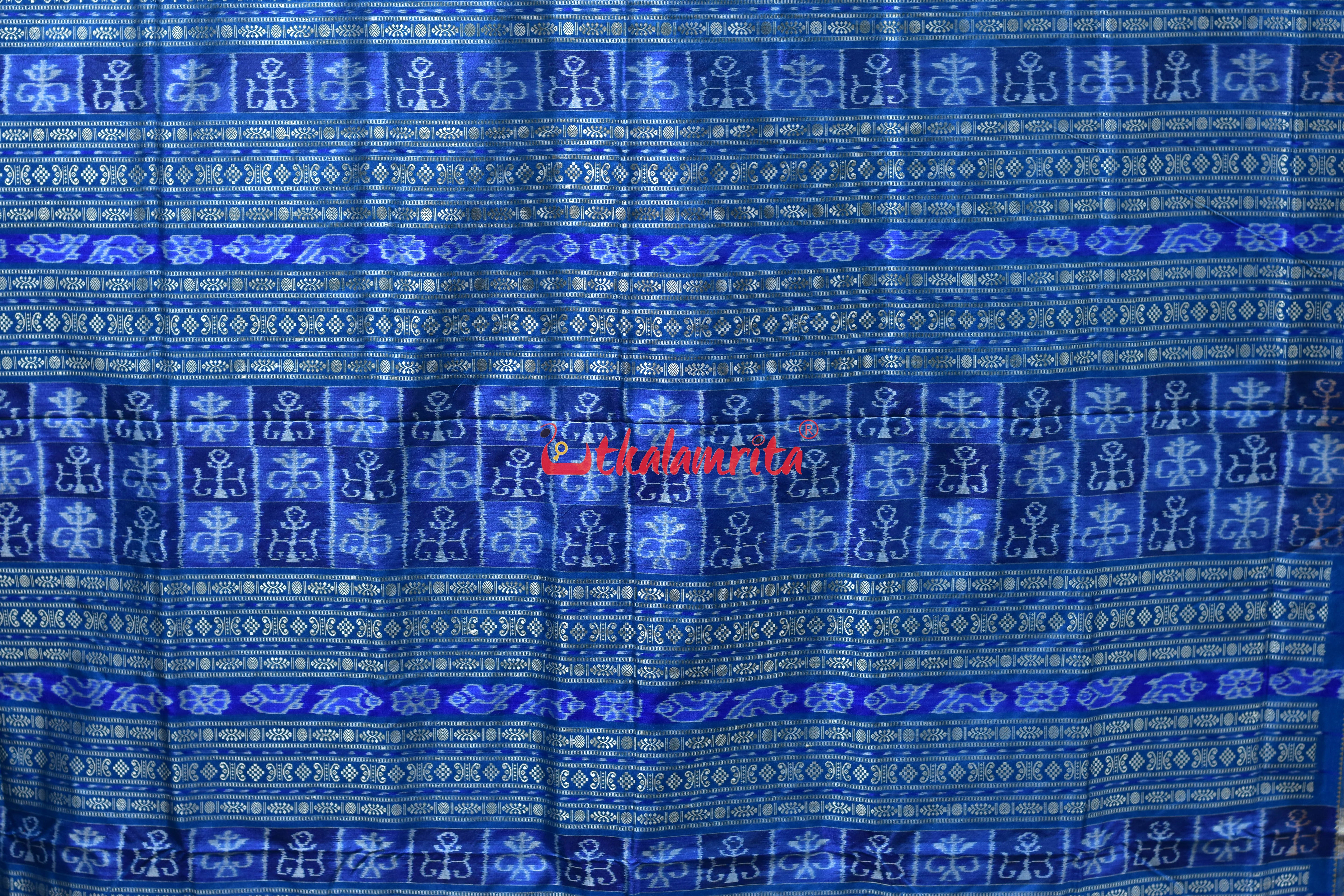Sea Blue Box Tribal Bomkai Silk Saree