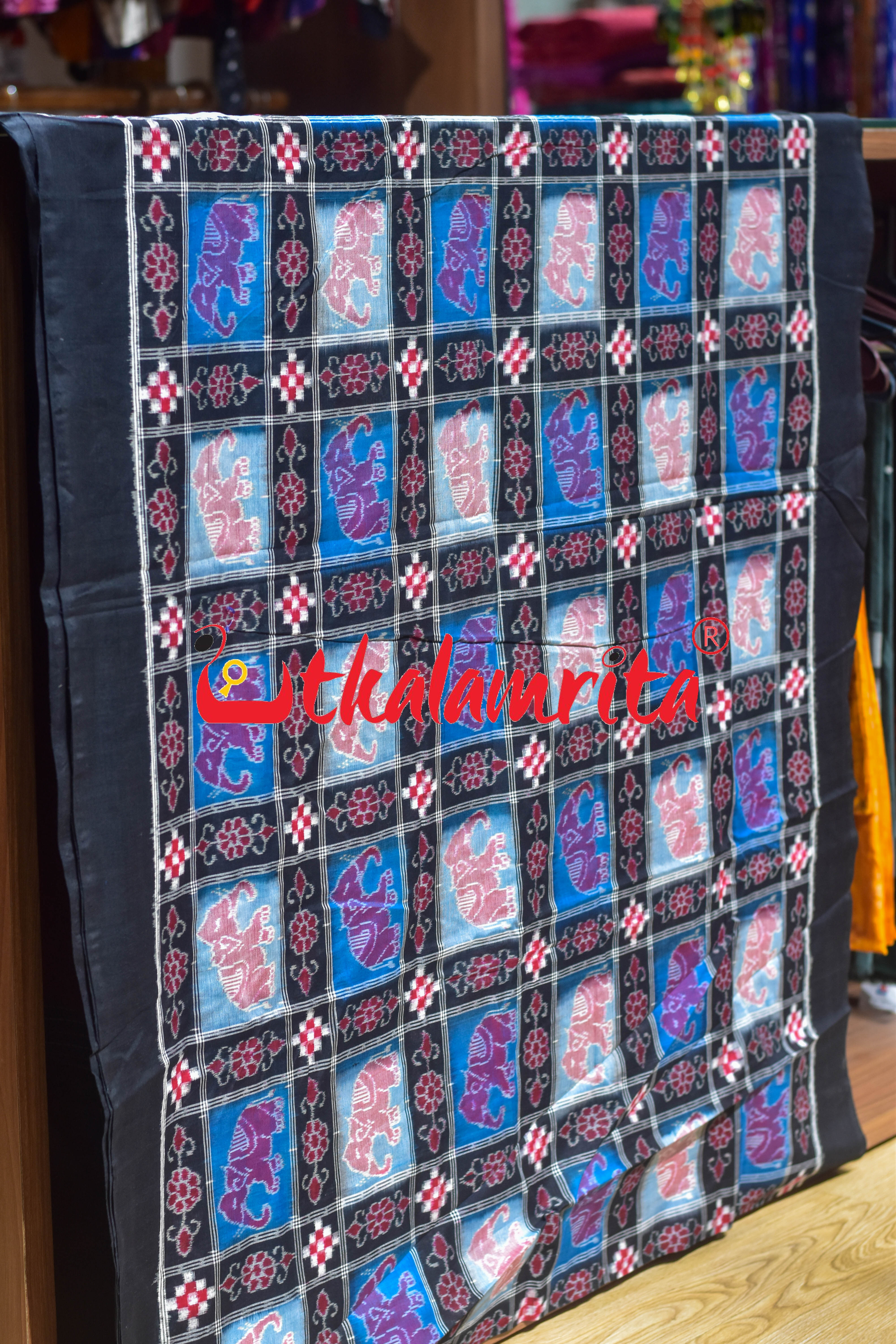 Blue Black Elephants Sambalpuri Cotton (Fabric)