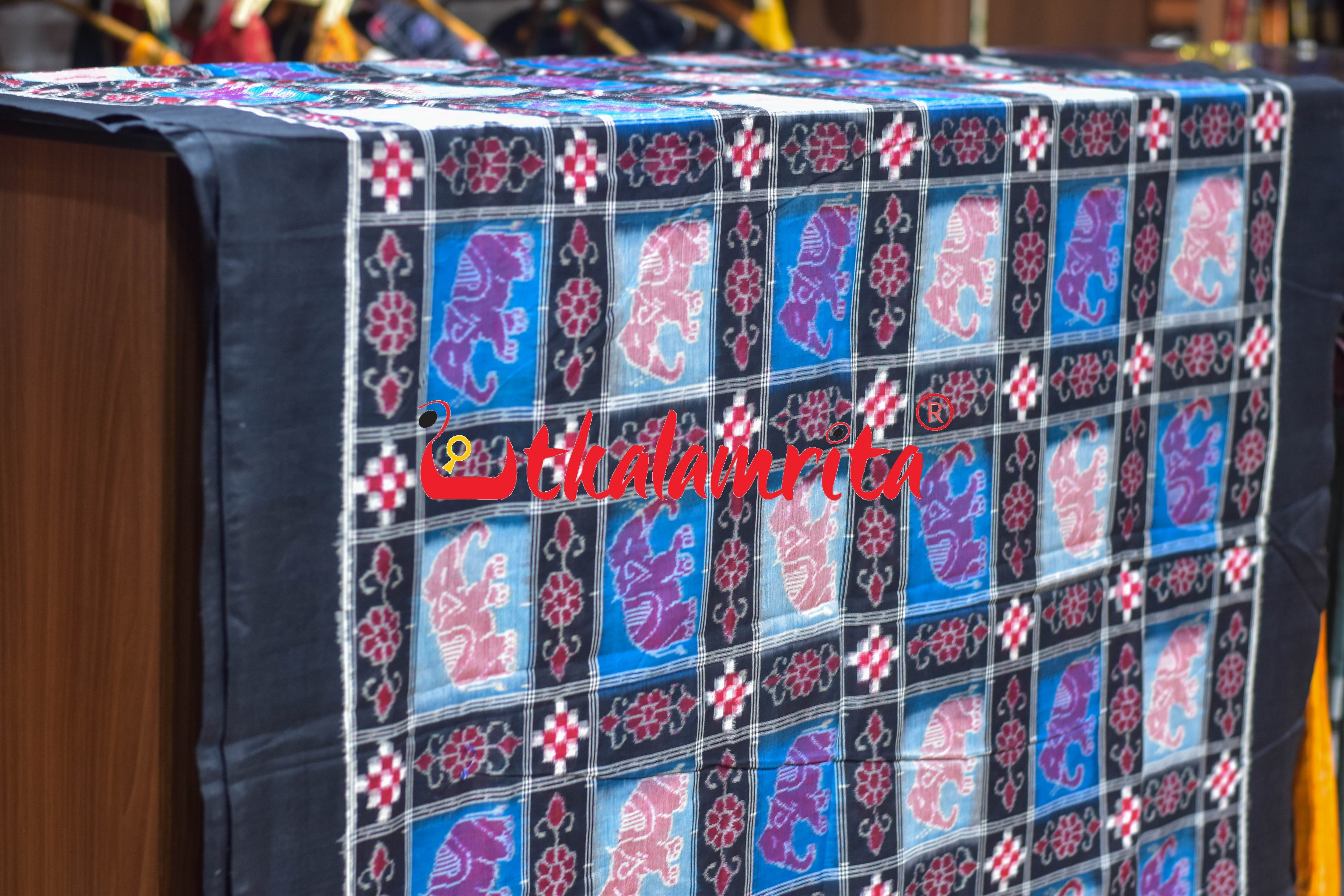 Blue Black Elephants Sambalpuri Cotton (Fabric)