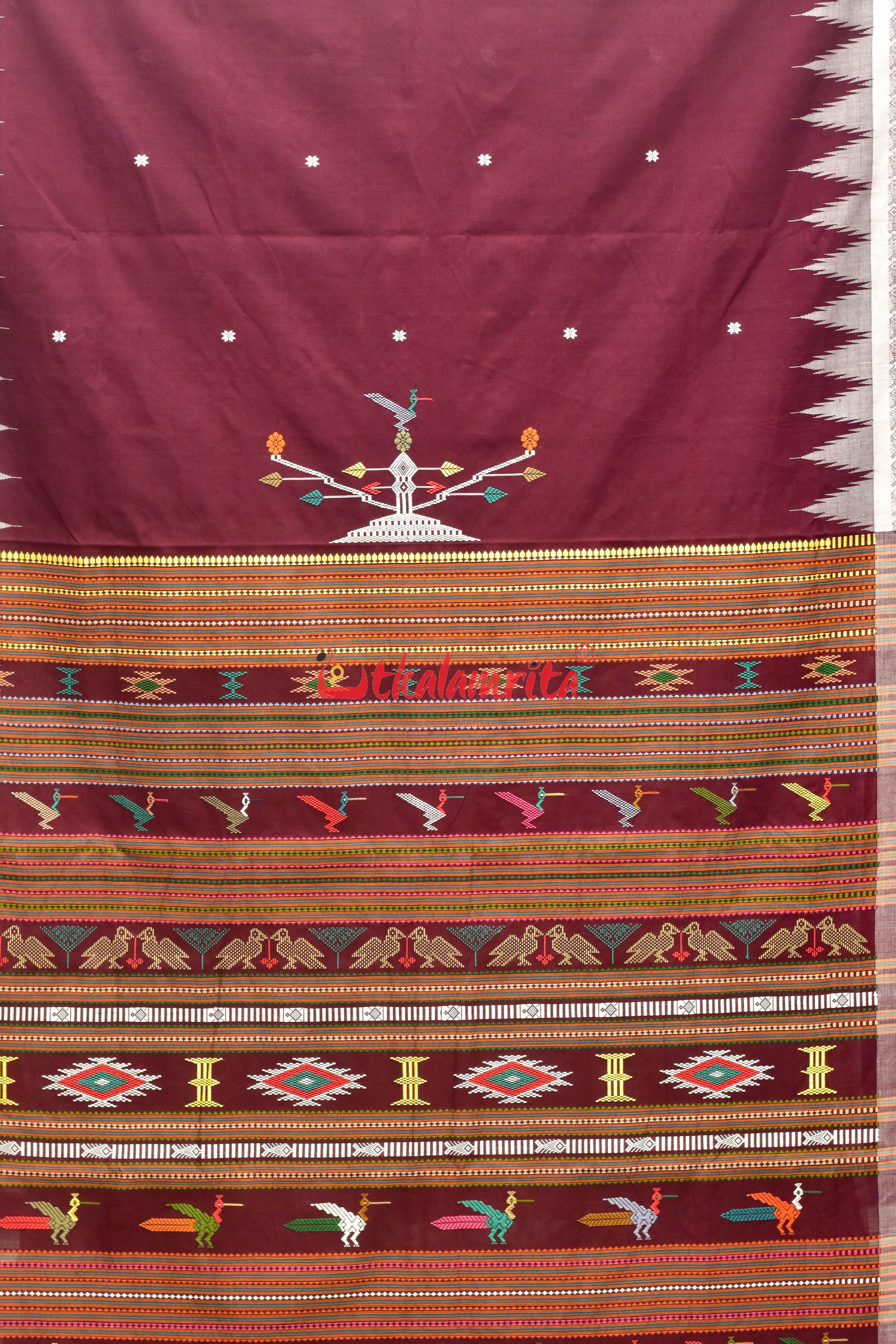 Maroon with White Fish Border Original Ganjam Bomkai Cotton Saree