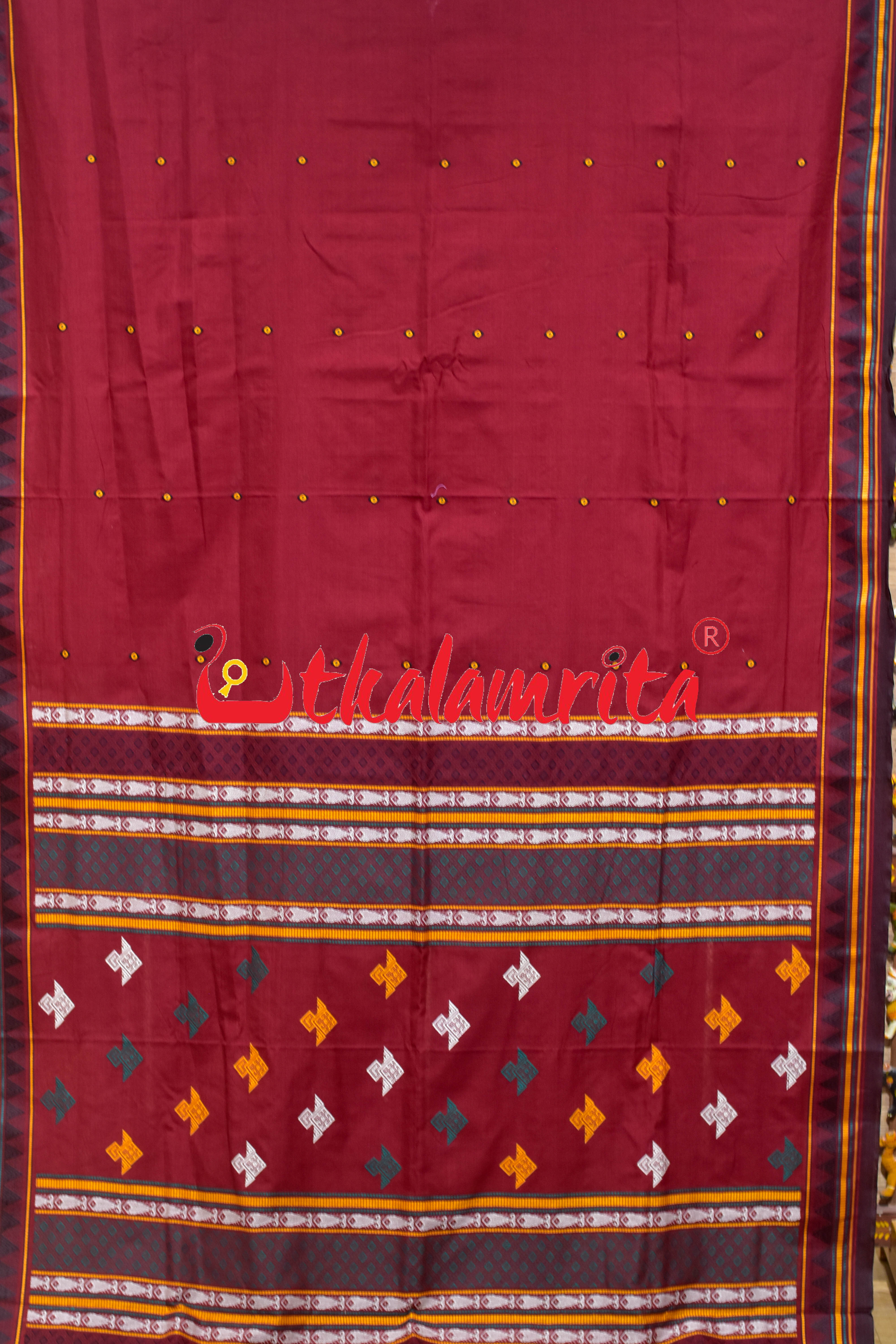 Maroon Black Fish Anchal Dongrioa Cotton Saree