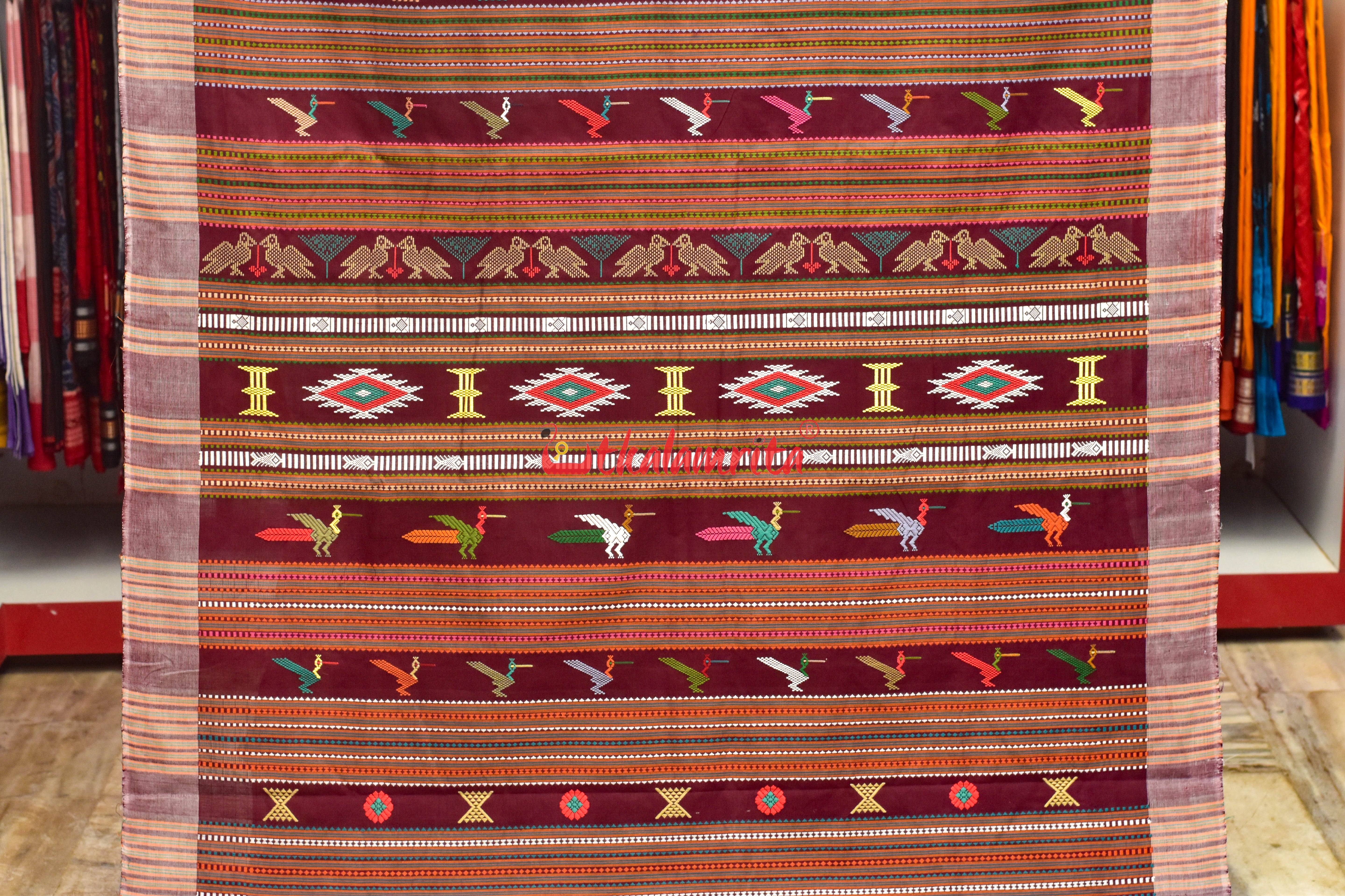 Maroon with White Fish Border Original Ganjam Bomkai Cotton Saree
