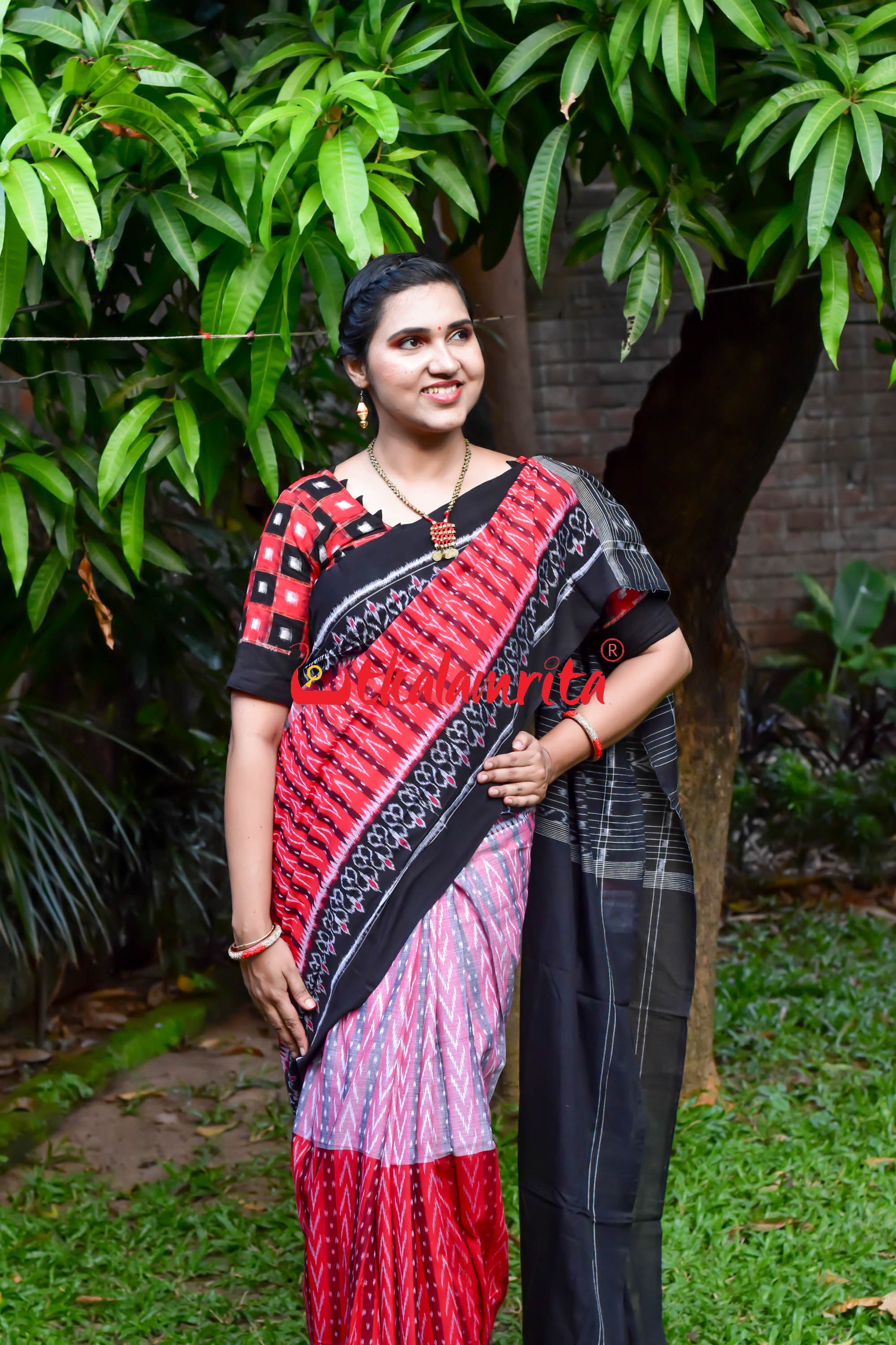 Half Half Pink Red Dhanpatri Sambalpuri Cotton Saree