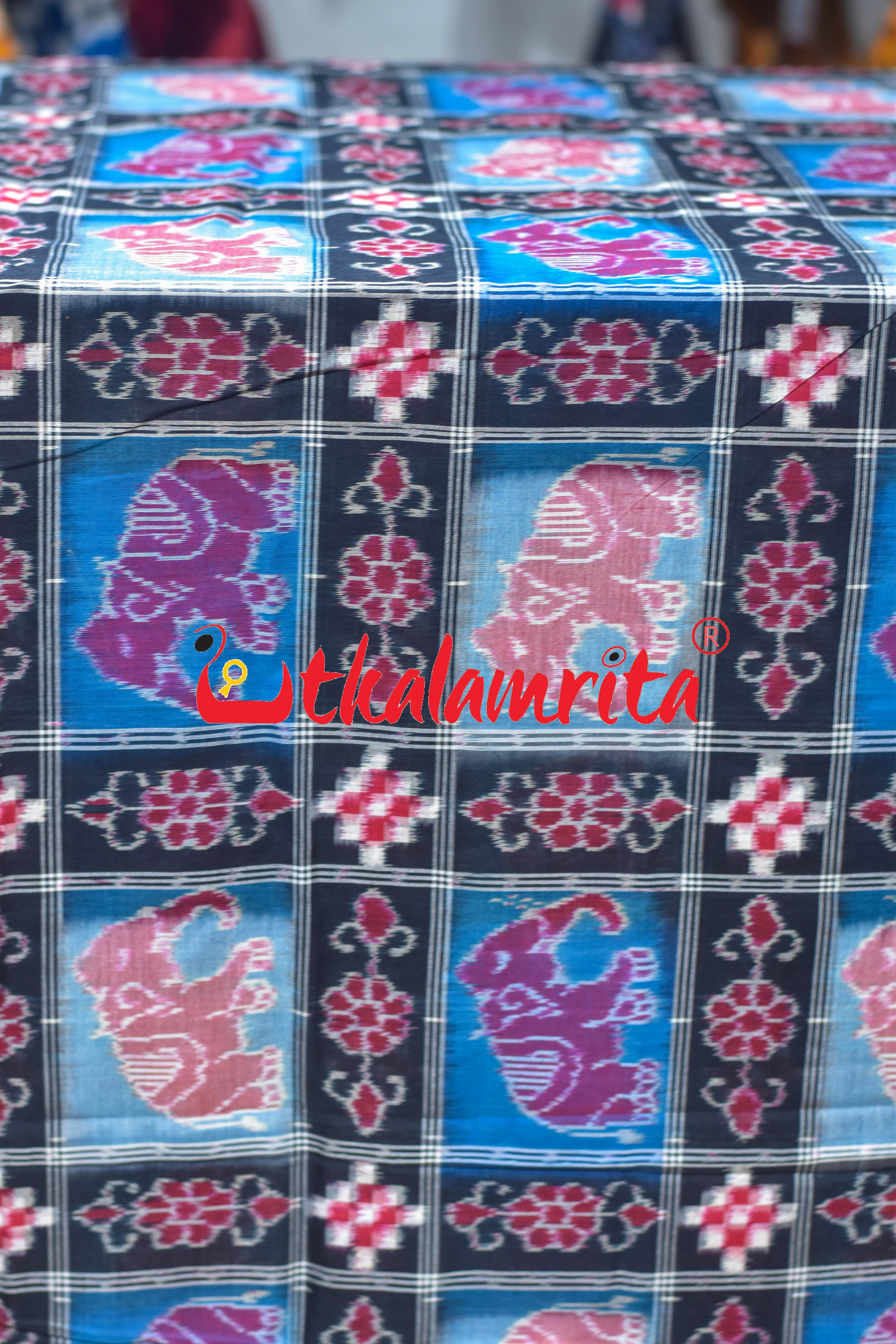 Blue Black Elephants Sambalpuri Cotton (Fabric)