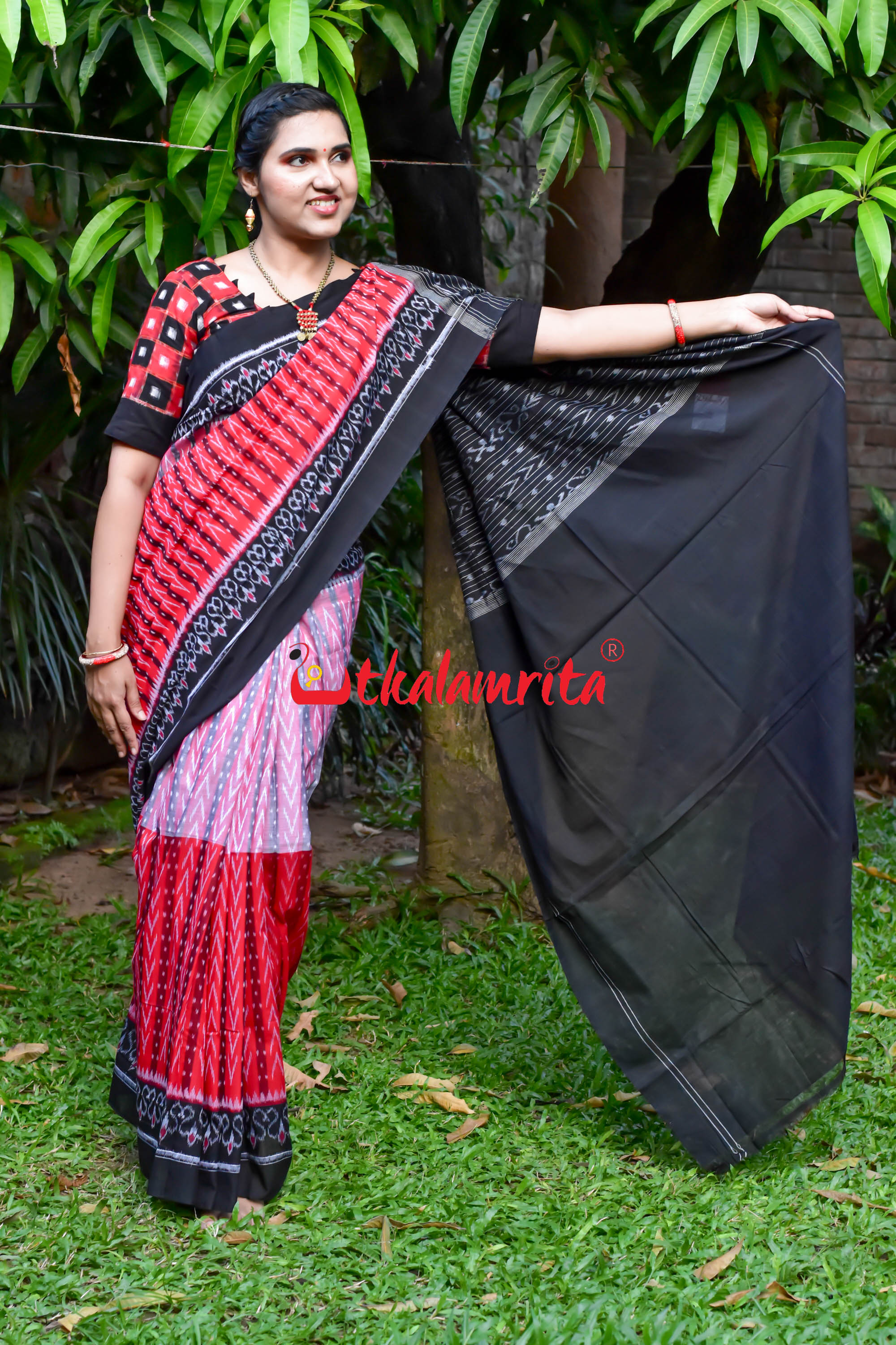 Half Half Pink Red Dhanpatri Sambalpuri Cotton Saree