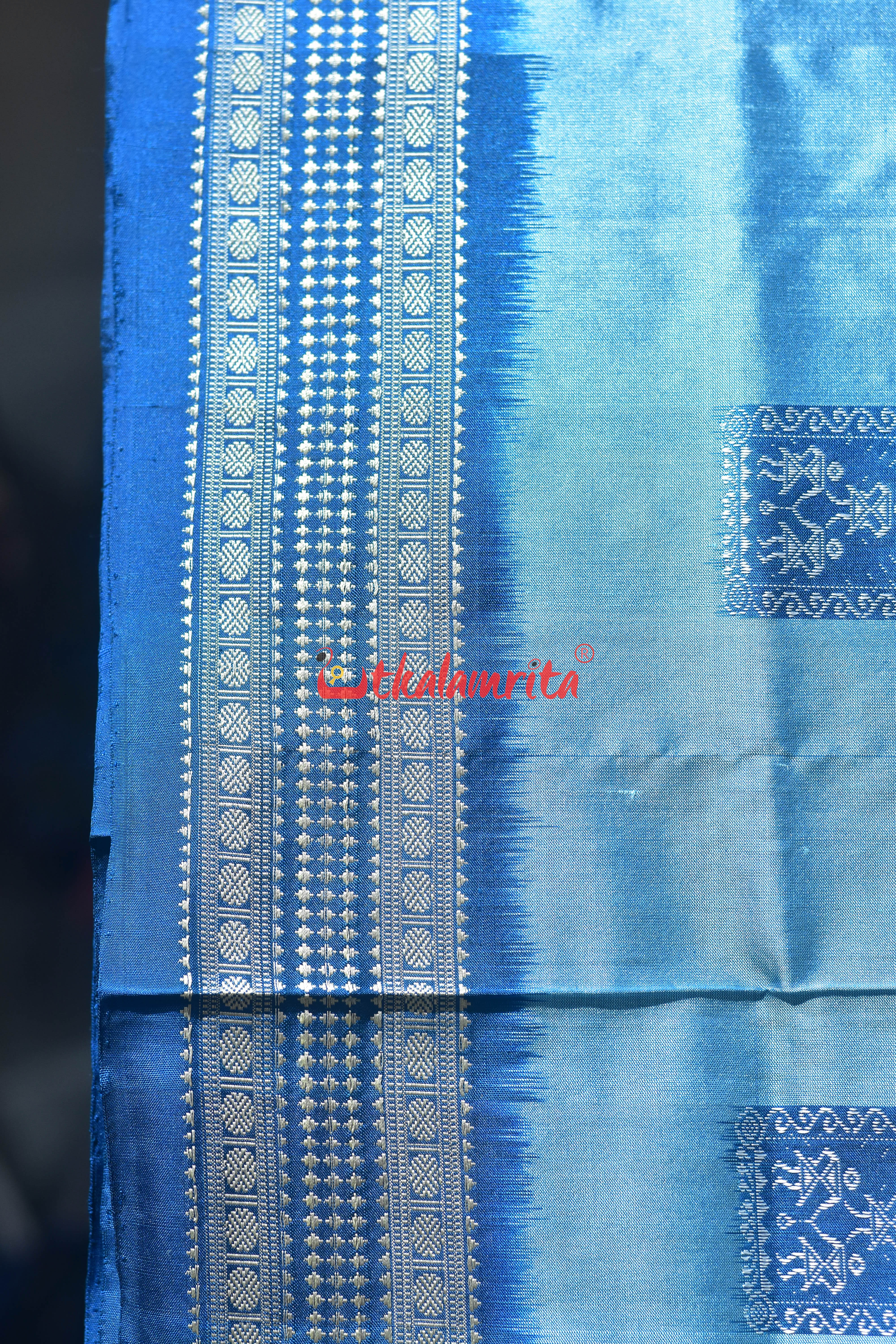 Sea Blue Box Tribal Bomkai Silk Saree