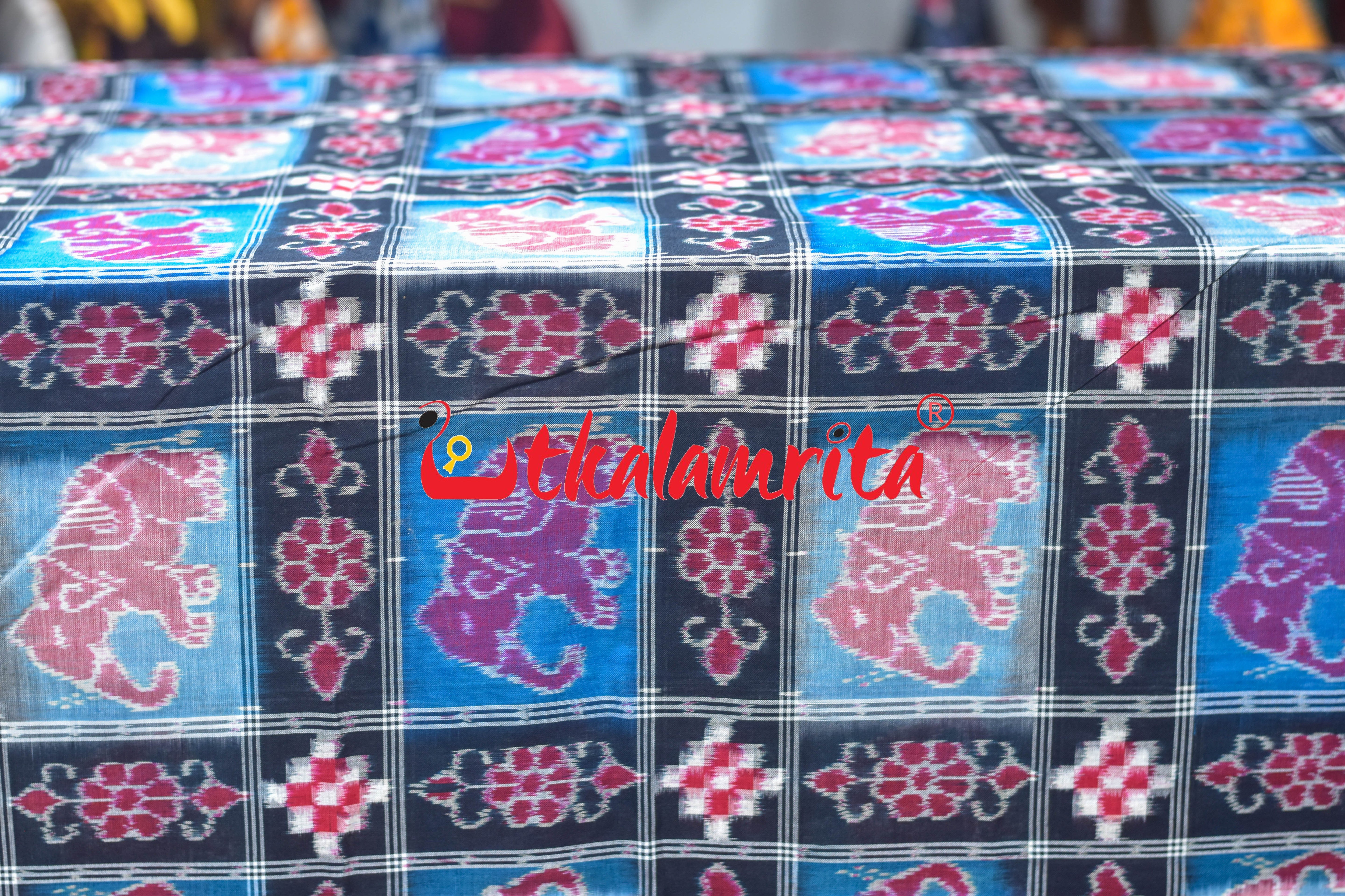 Blue Black Elephants Sambalpuri Cotton (Fabric)