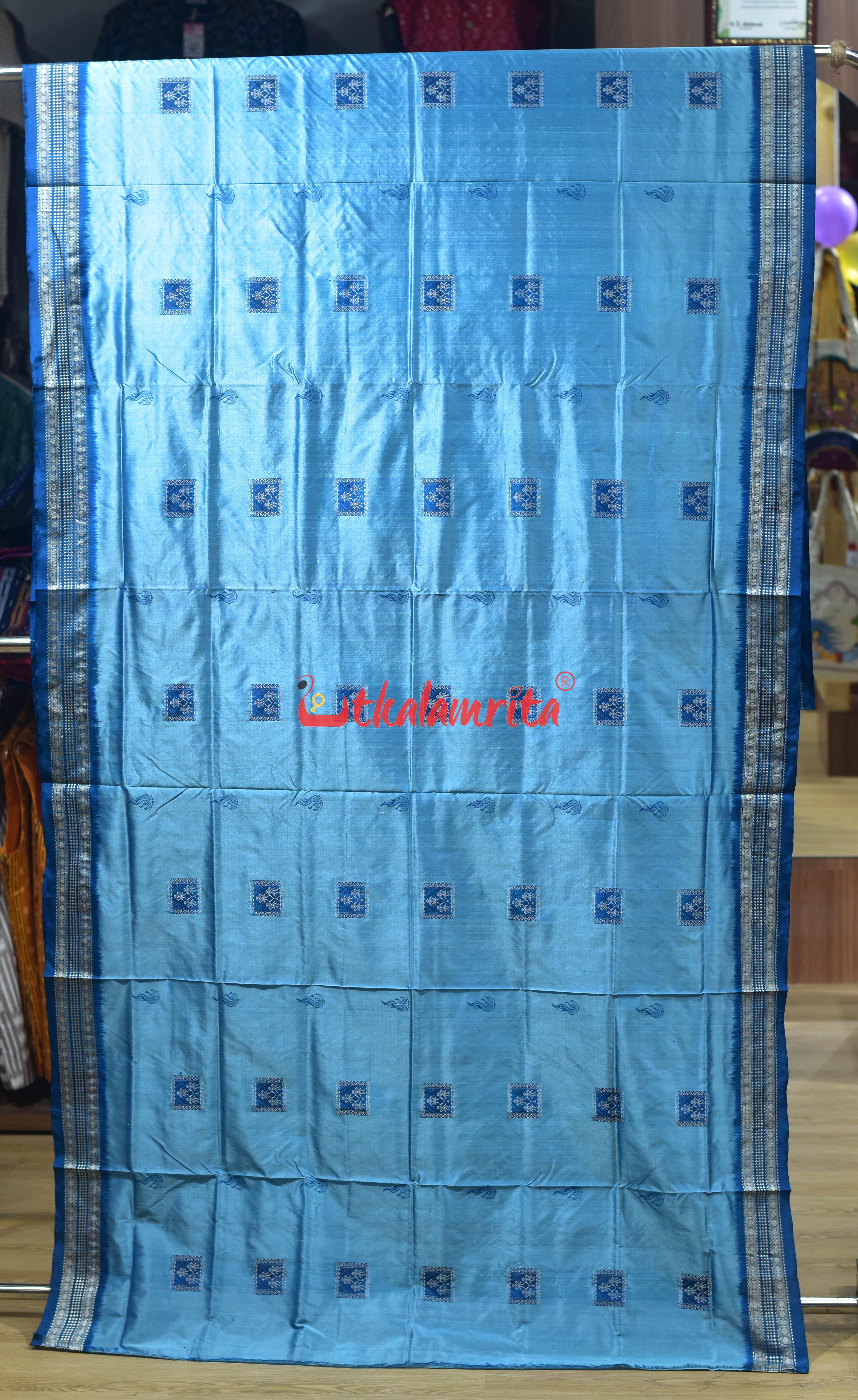 Sea Blue Box Tribal Bomkai Silk Saree