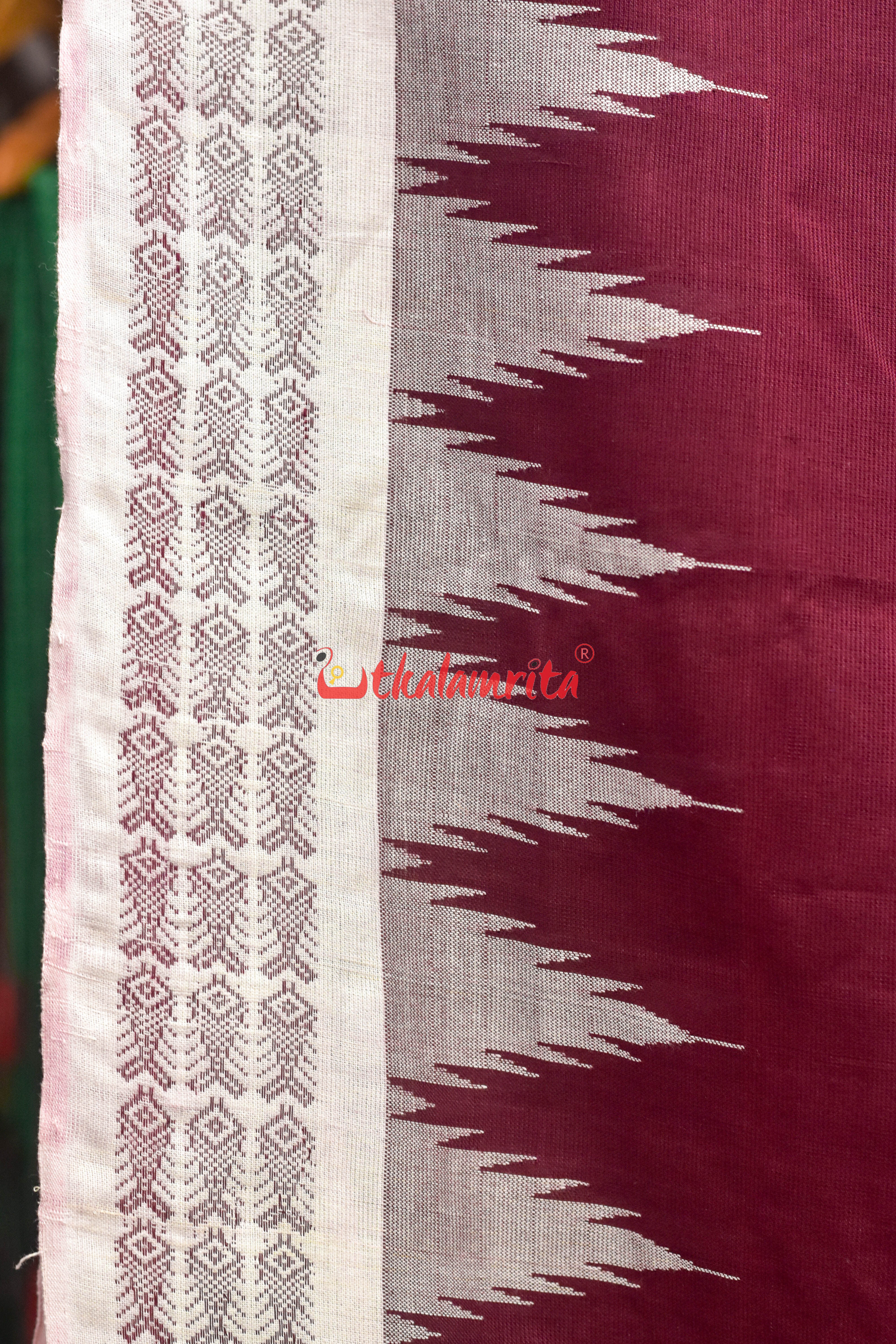 Maroon with White Fish Border Original Ganjam Bomkai Cotton Saree