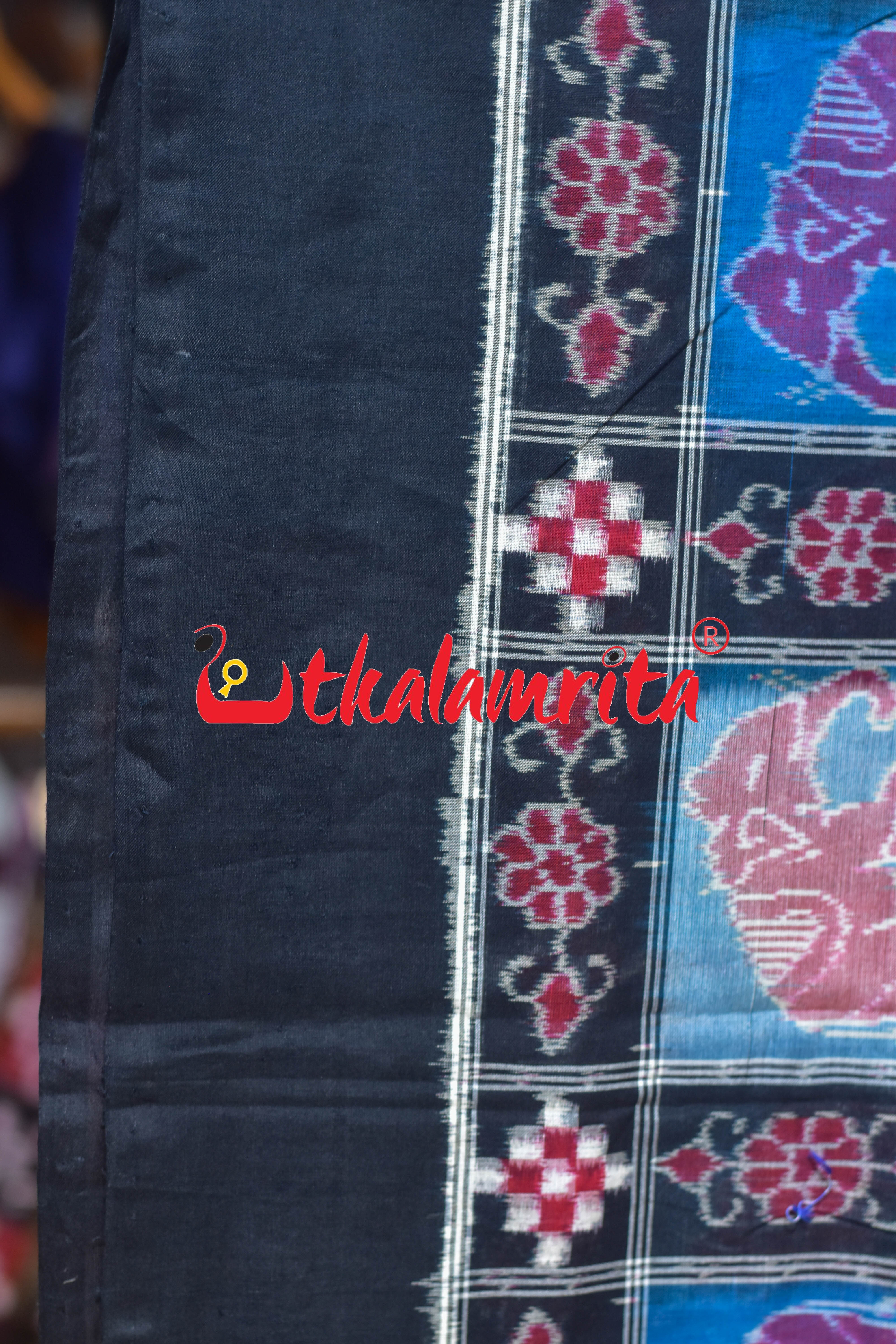 Blue Black Elephants Sambalpuri Cotton (Fabric)