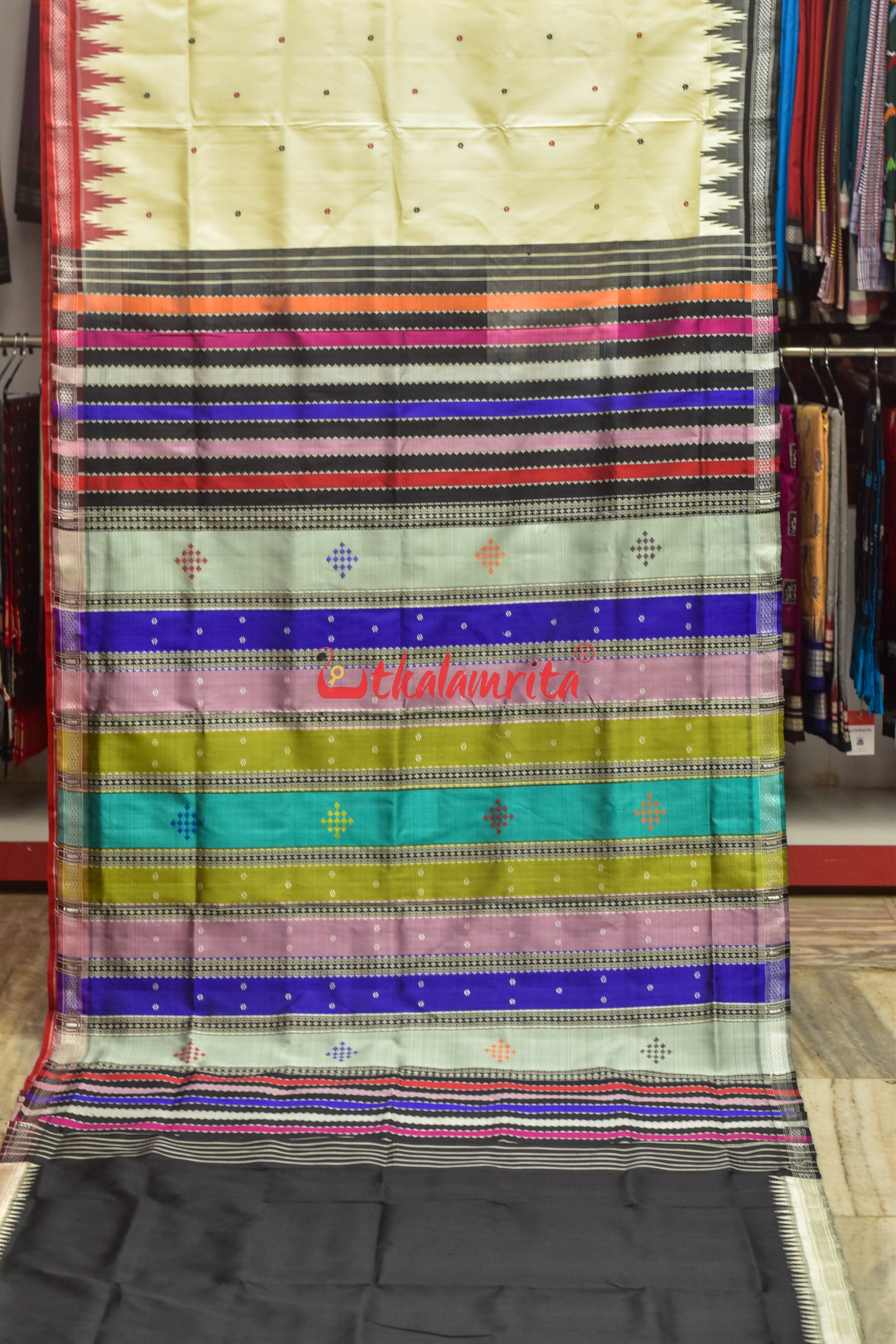 White Ganga Jamuna Red Black Double Anchal Berhampuri Silk Saree