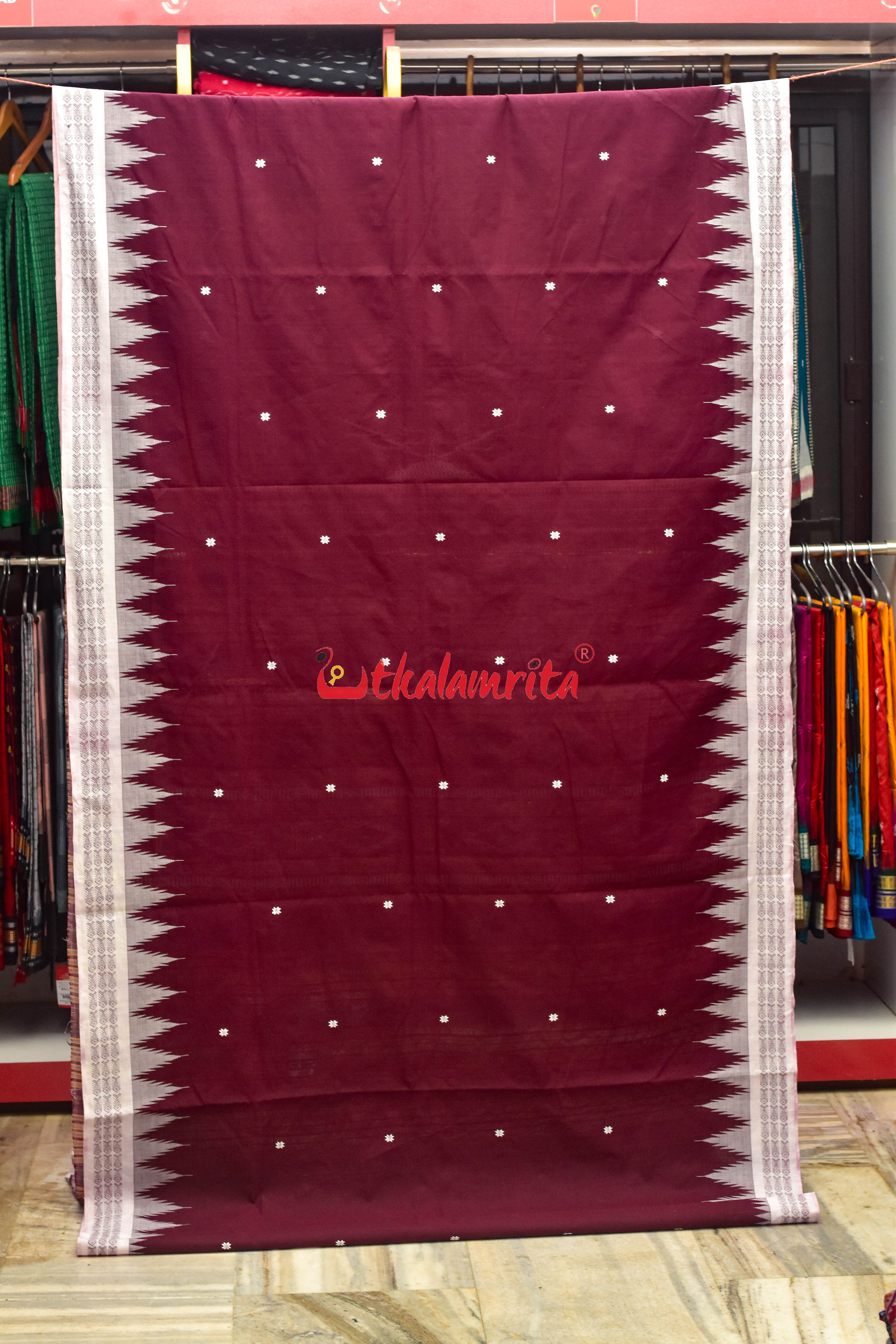 Maroon with White Fish Border Original Ganjam Bomkai Cotton Saree