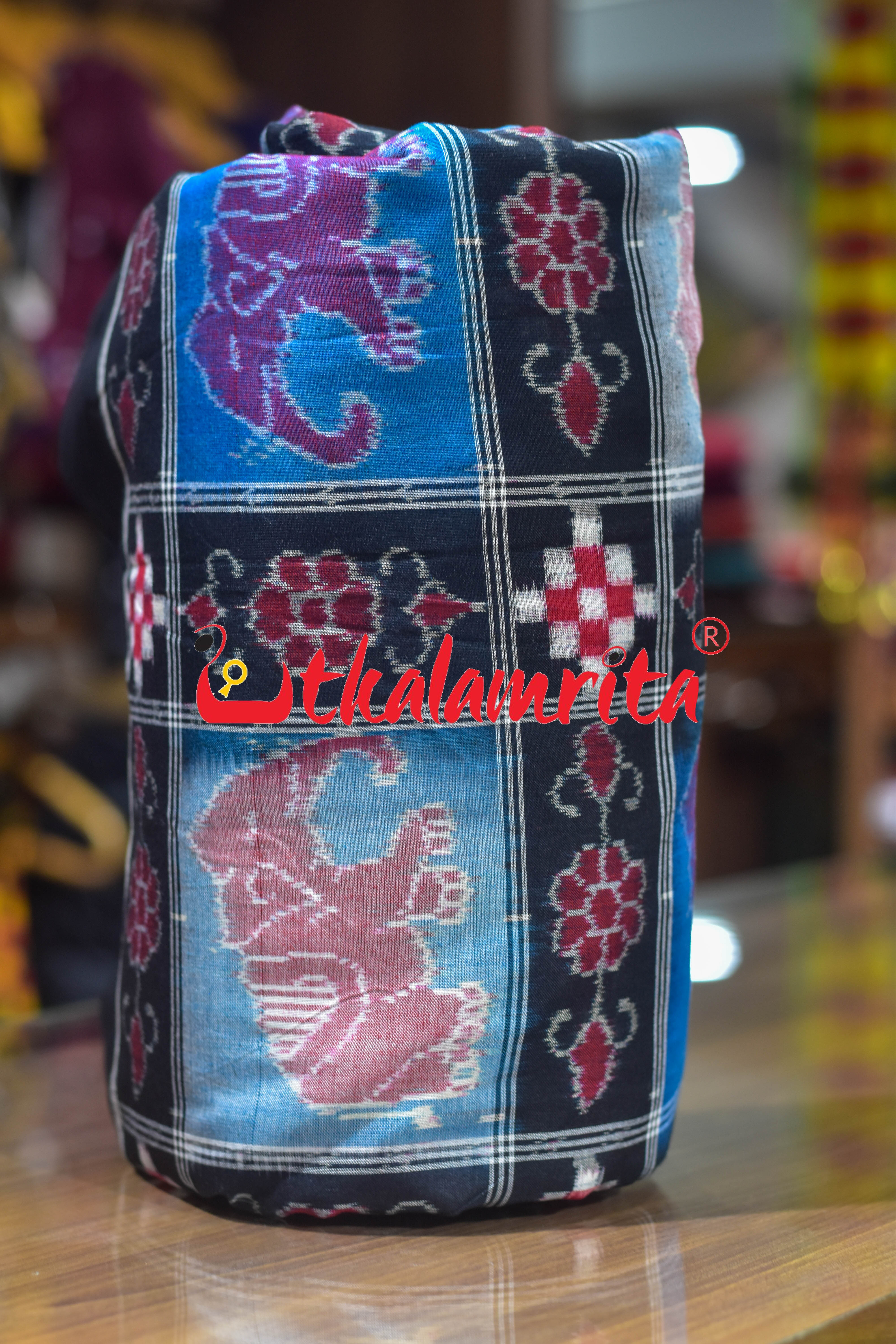 Blue Black Elephants Sambalpuri Cotton (Fabric)