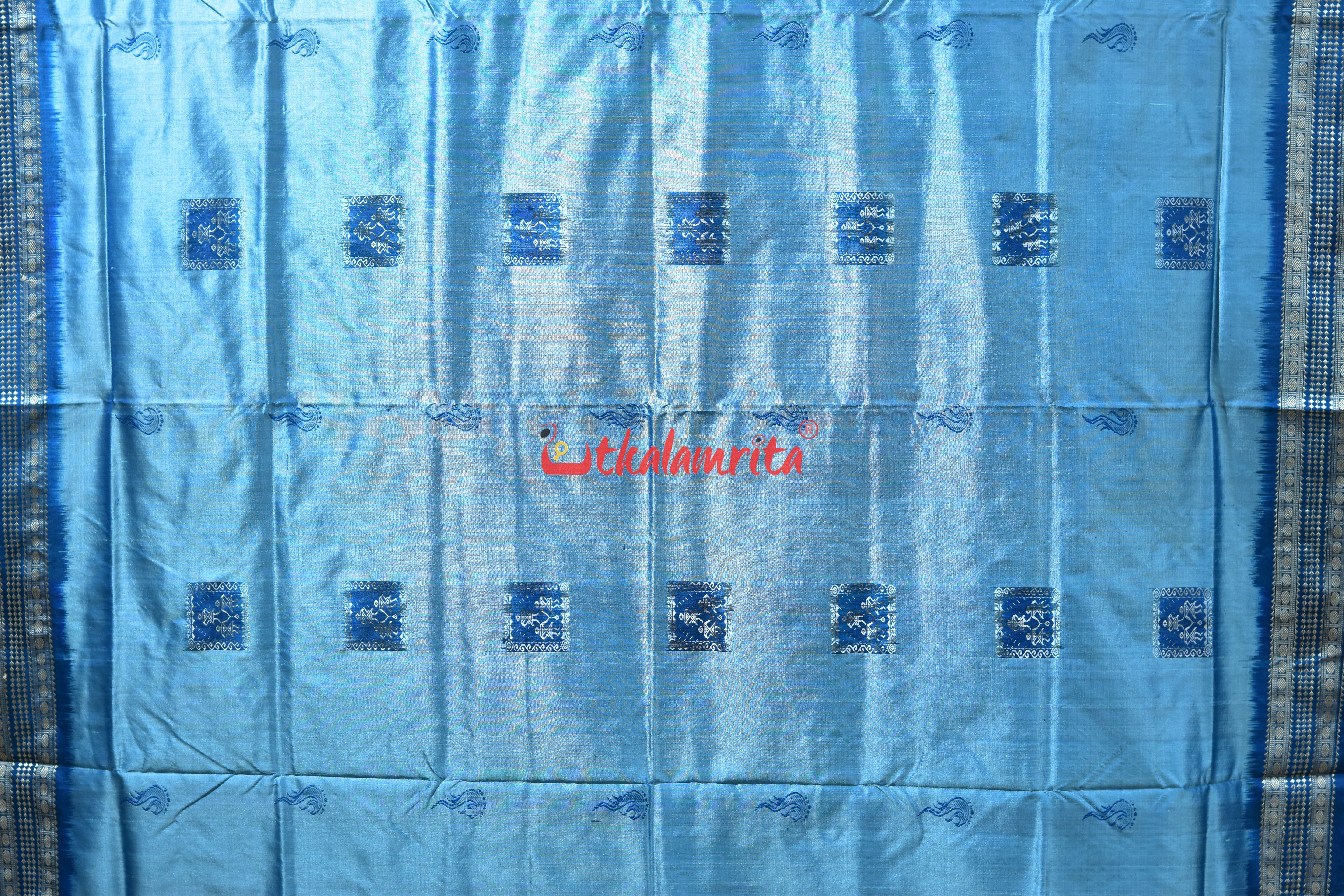 Sea Blue Box Tribal Bomkai Silk Saree