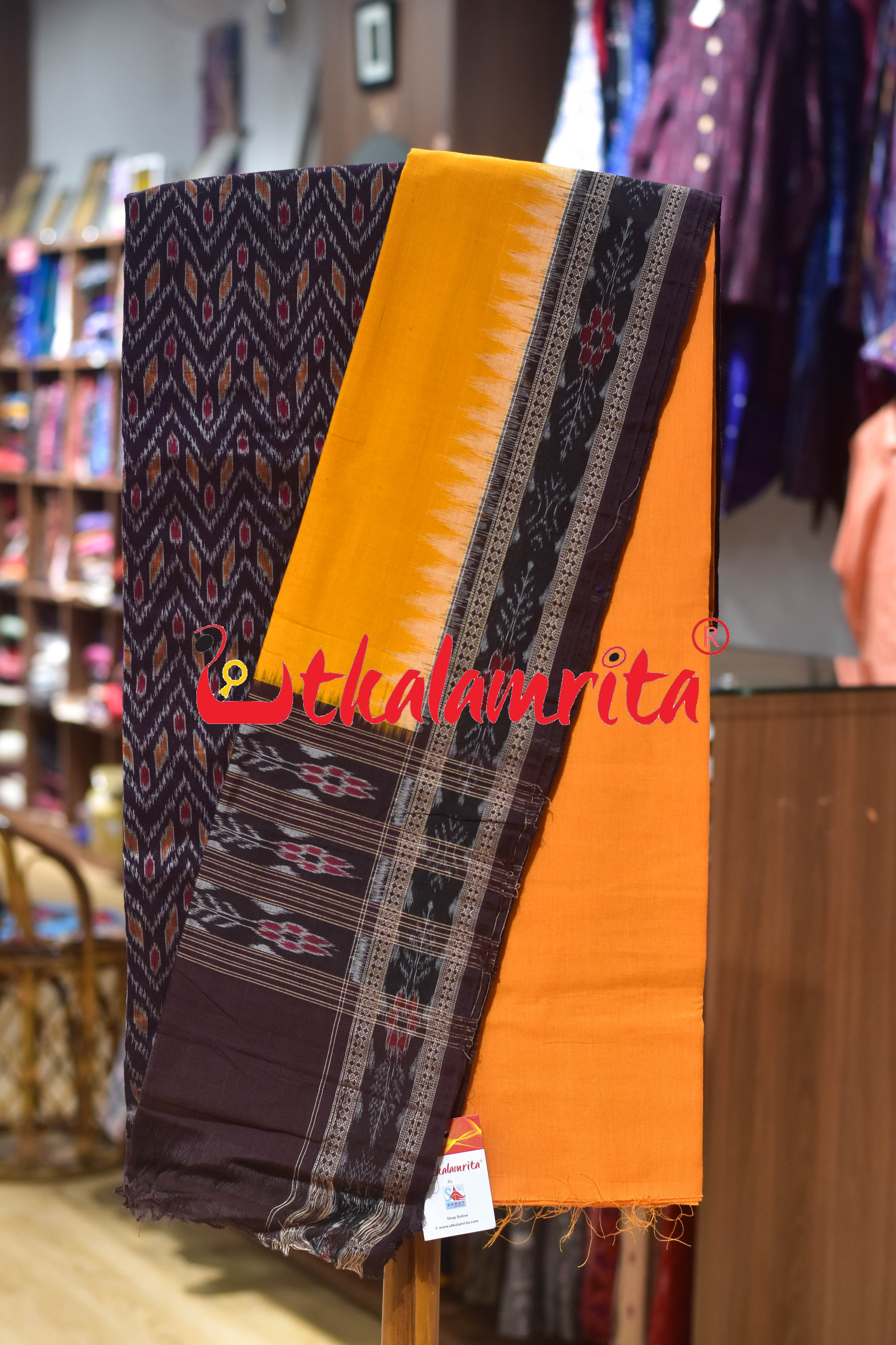 Coffee Yellow Thikiri Waves Sambalpuri Cotton Dress Set