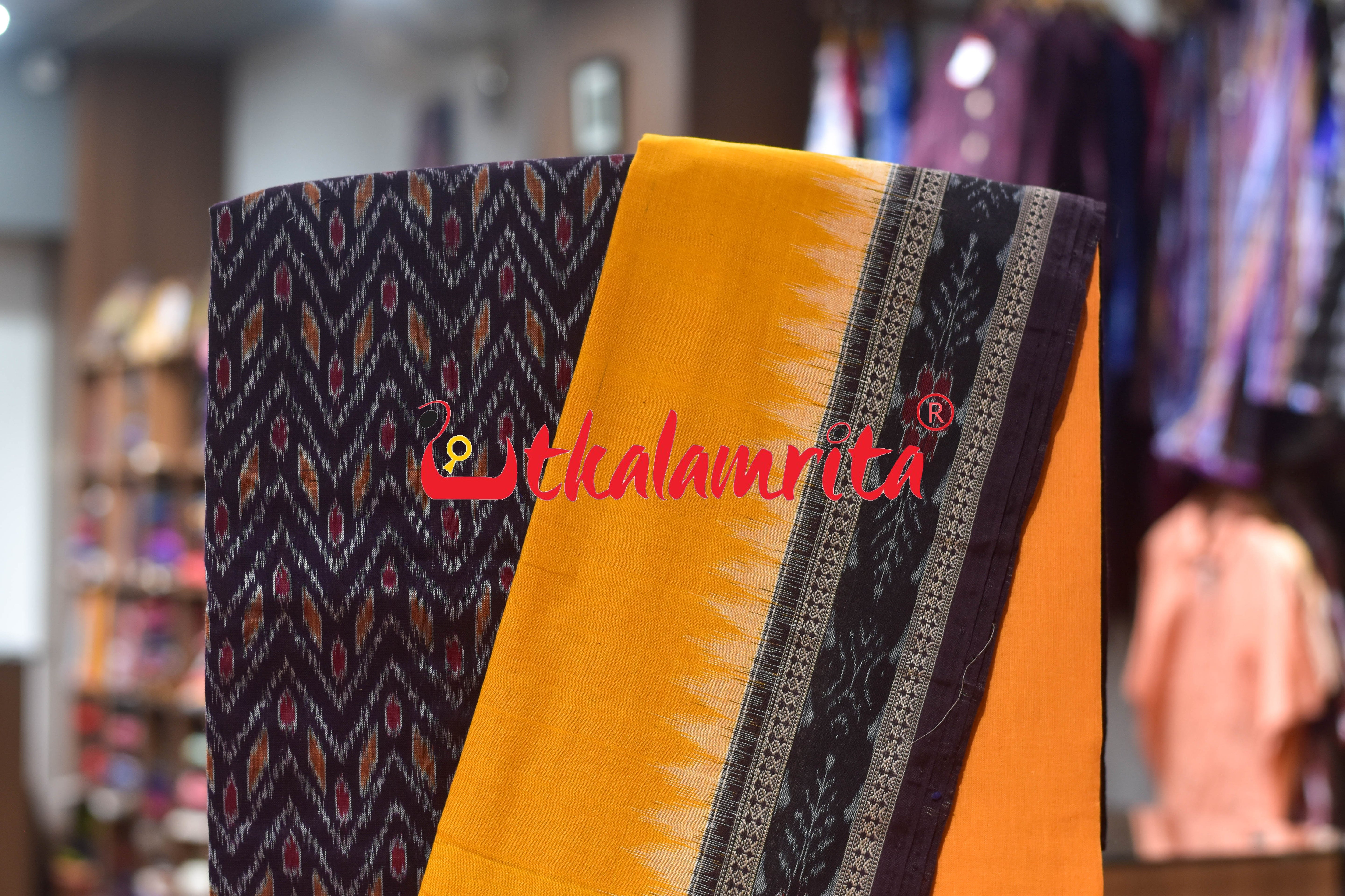 Coffee Yellow Thikiri Waves Sambalpuri Cotton Dress Set