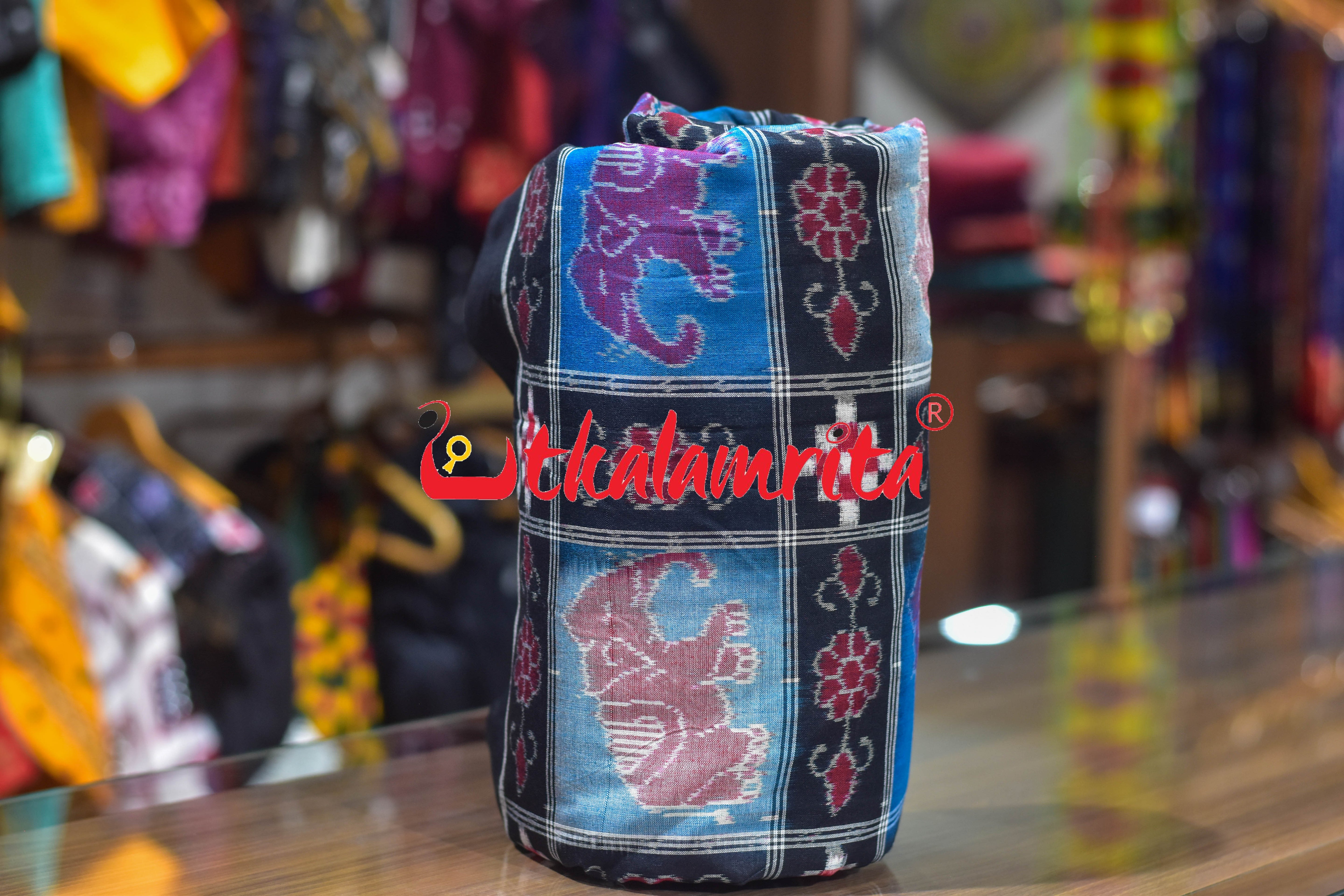 Blue Black Elephants Sambalpuri Cotton (Fabric)