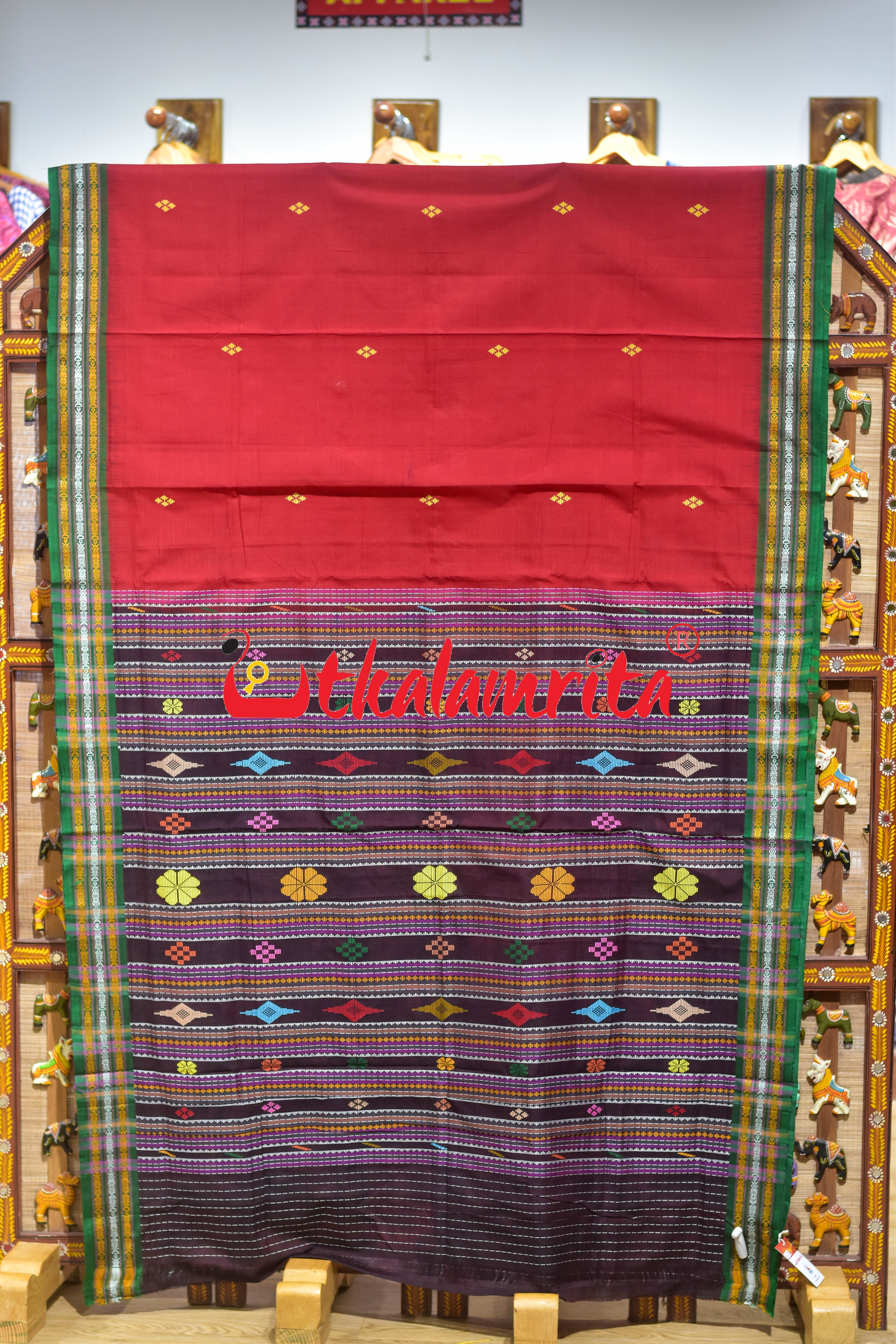 Red Flower Buta Dhalapathar Cotton Saree
