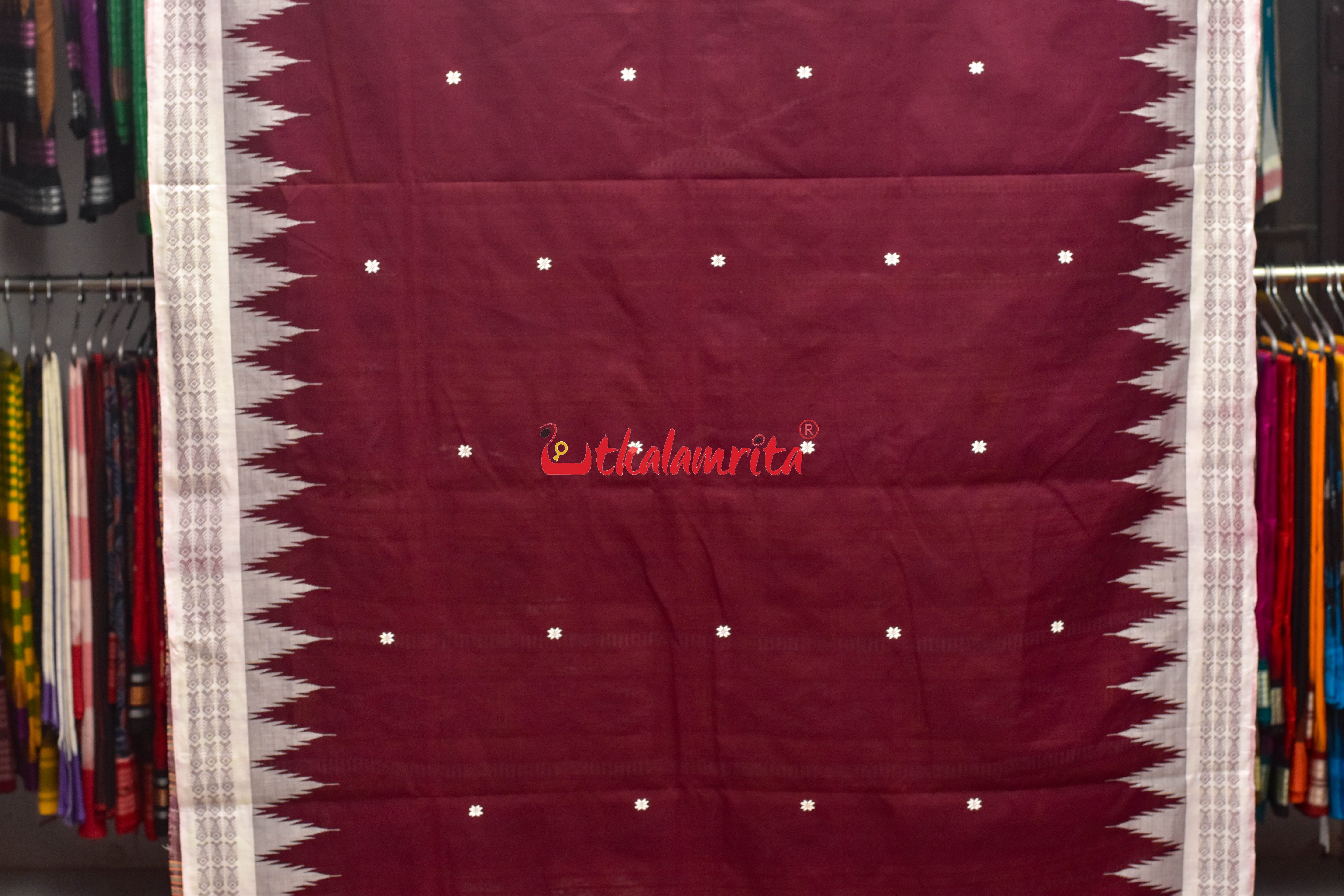 Maroon with White Fish Border Original Ganjam Bomkai Cotton Saree