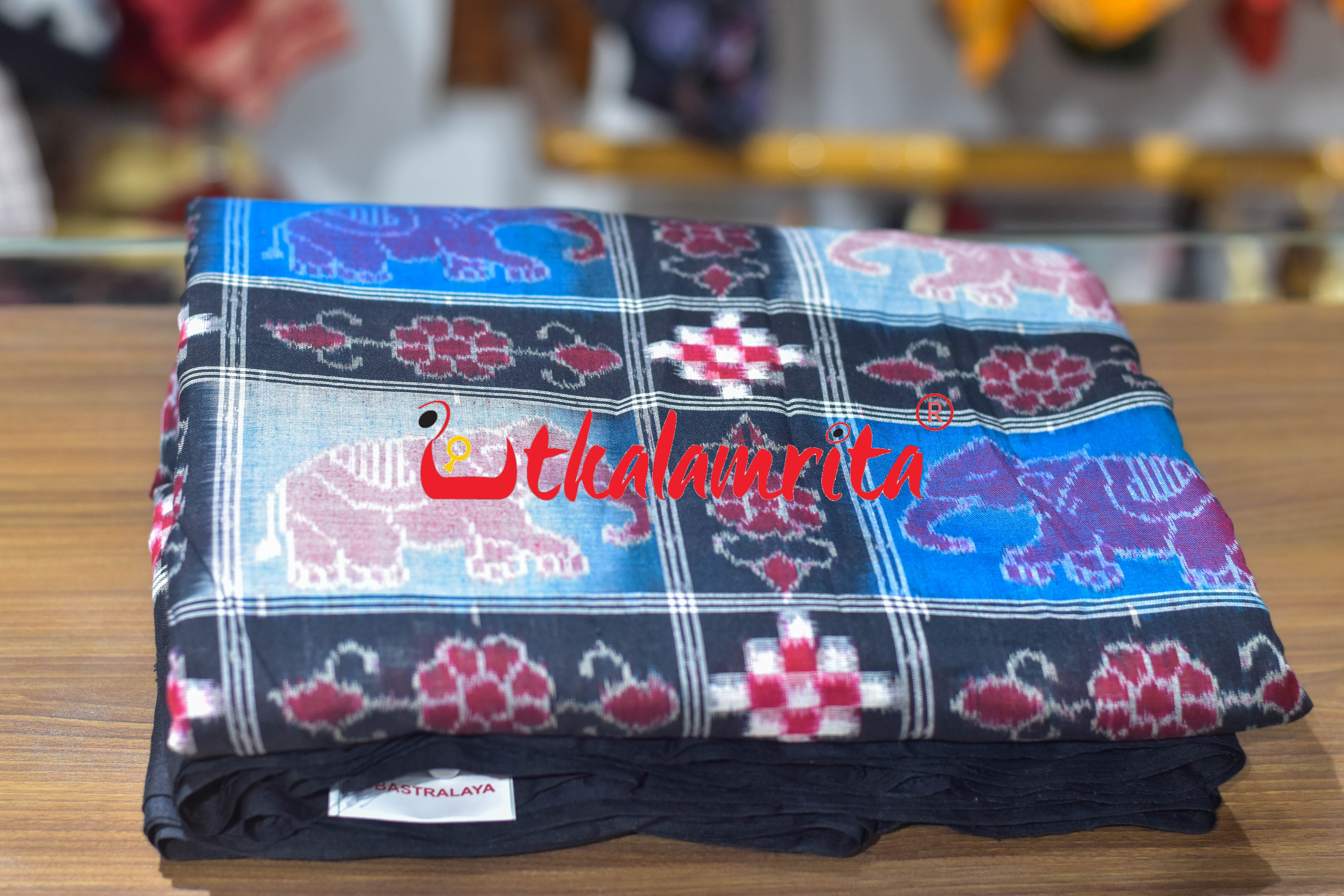 Blue Black Elephants Sambalpuri Cotton (Fabric)