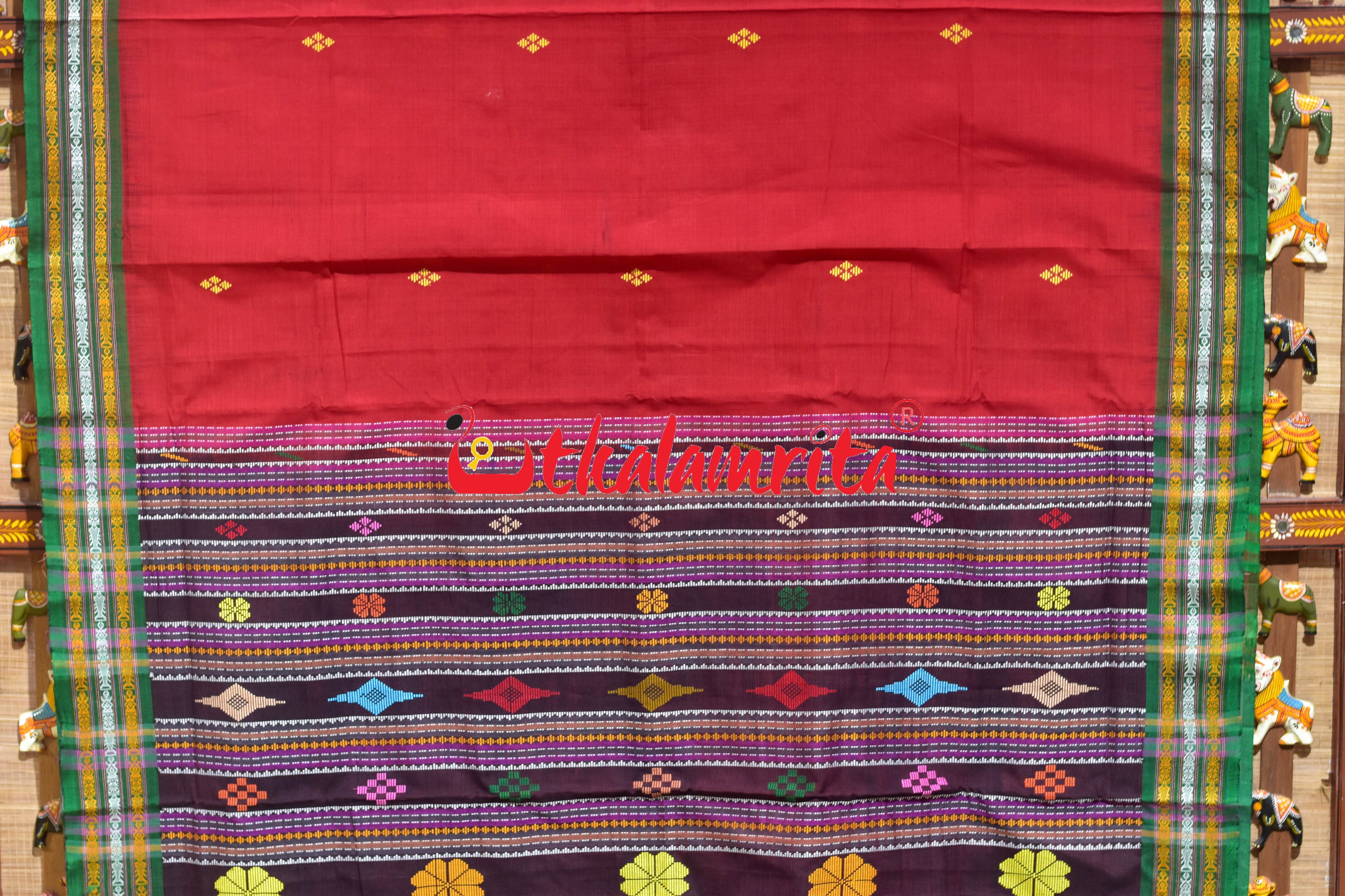 Red Flower Buta Dhalapathar Cotton Saree