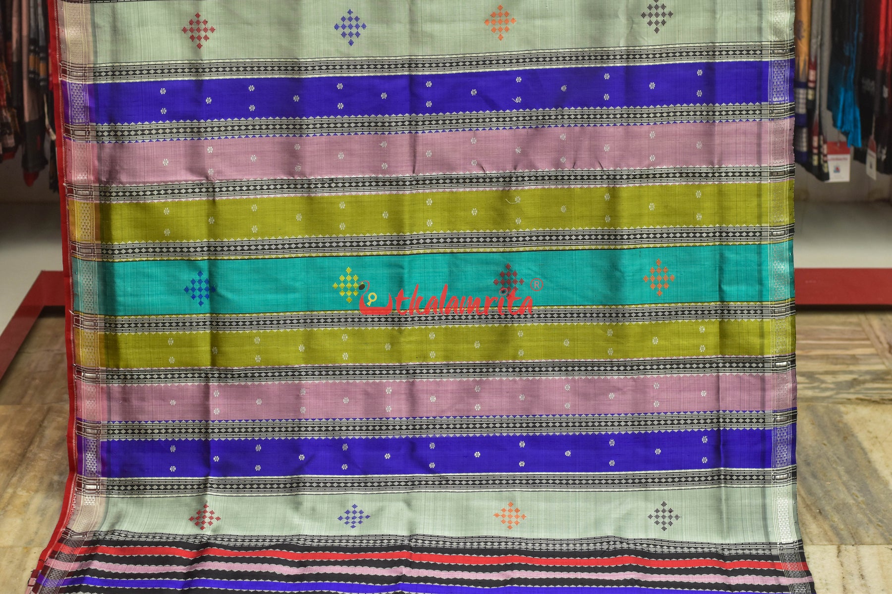 White Ganga Jamuna Red Black Double Anchal Berhampuri Silk Saree
