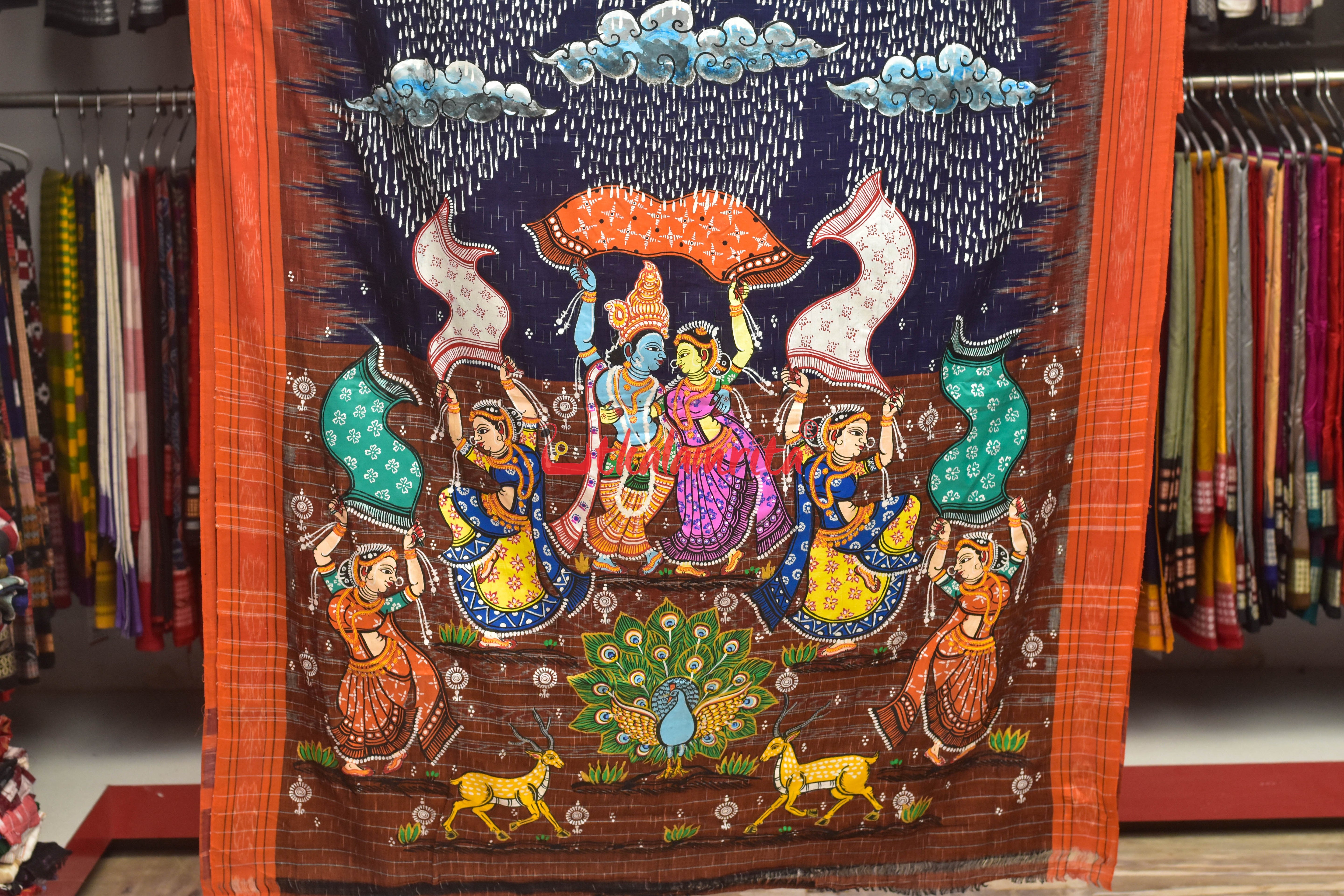 Blue Jharana with Barsha Rassa Pattachitra Cotton Saree