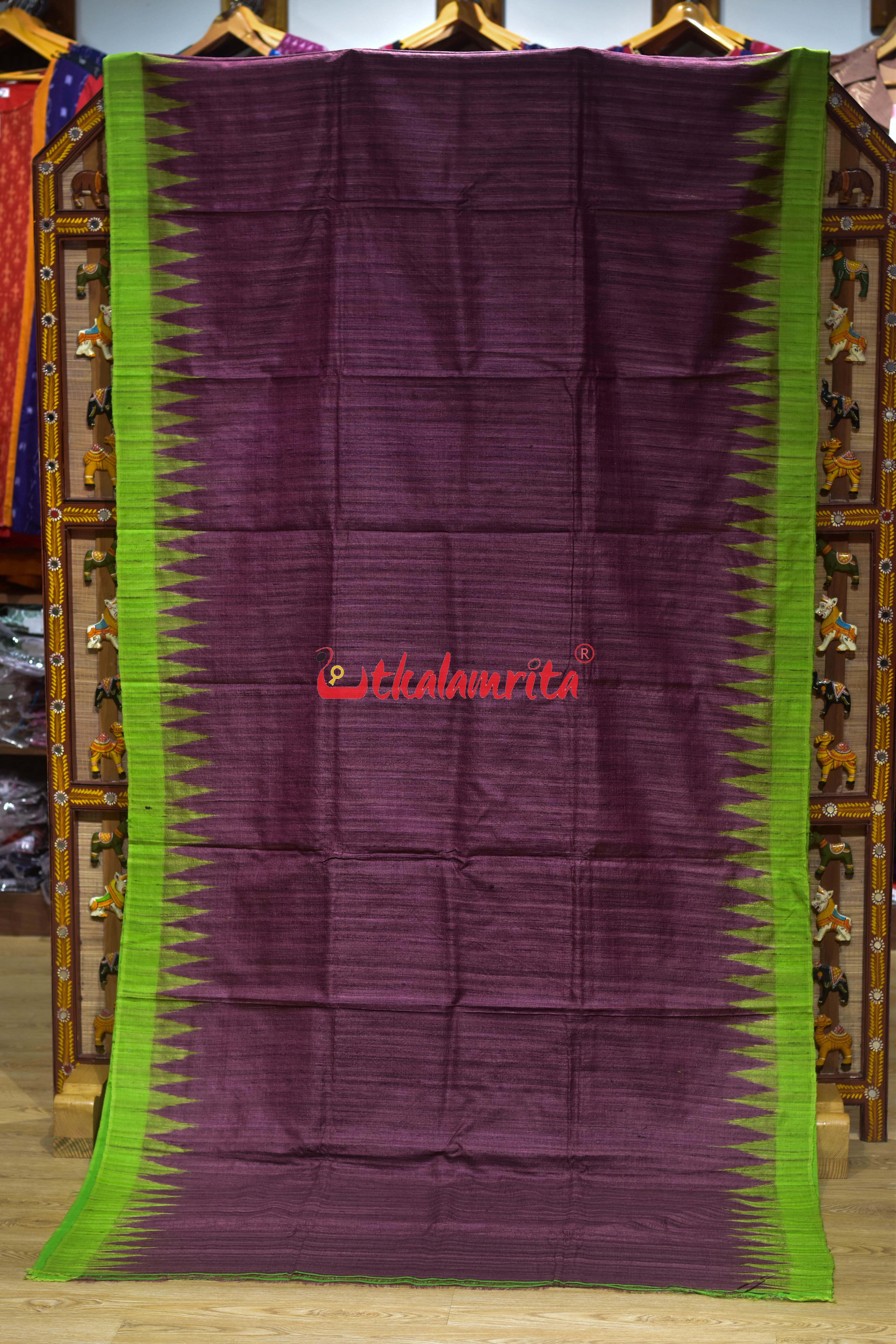 Purple with Green Border Gopalpur Tussar Silk Saree
