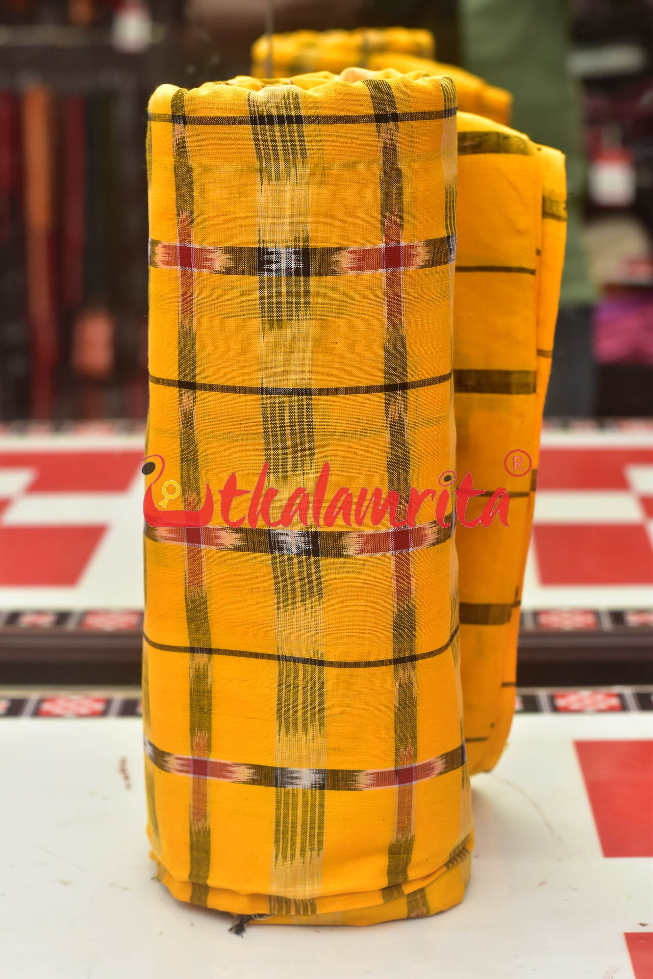 Yellow Chequered Sambalpuri Cotton (Fabric)
