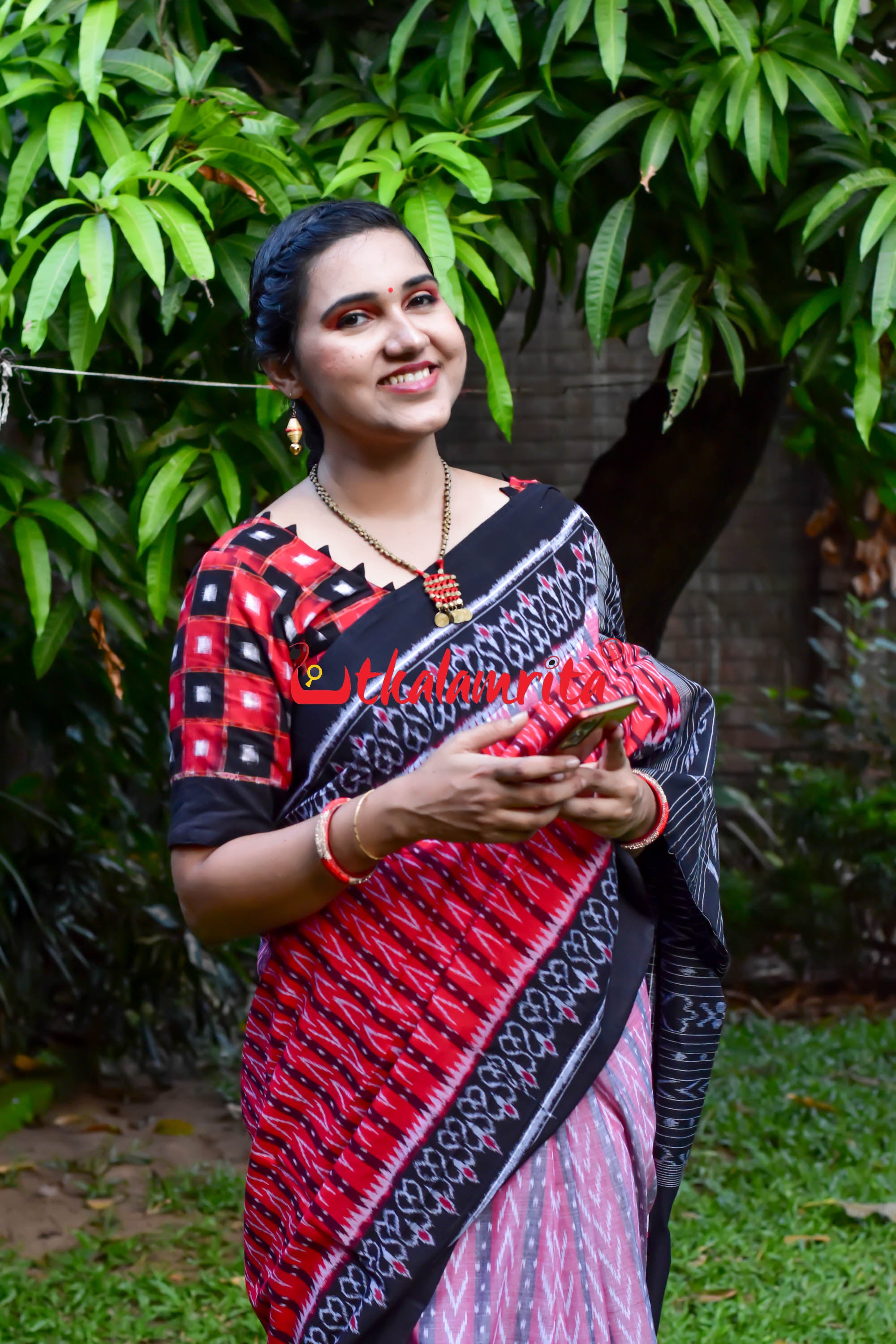 Half Half Pink Red Dhanpatri Sambalpuri Cotton Saree