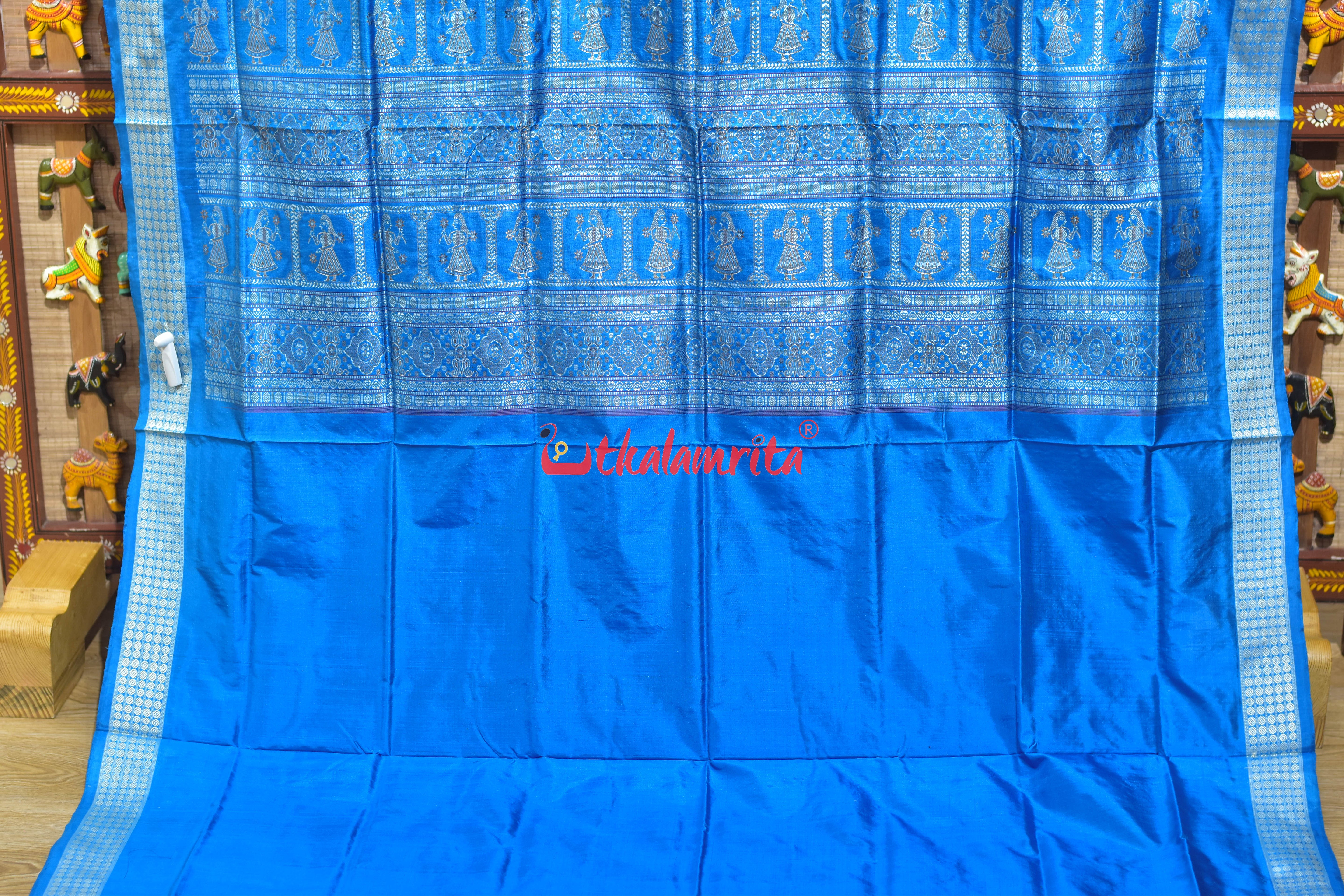 Red Flower Body with Blue Border Bomkai Silk Saree