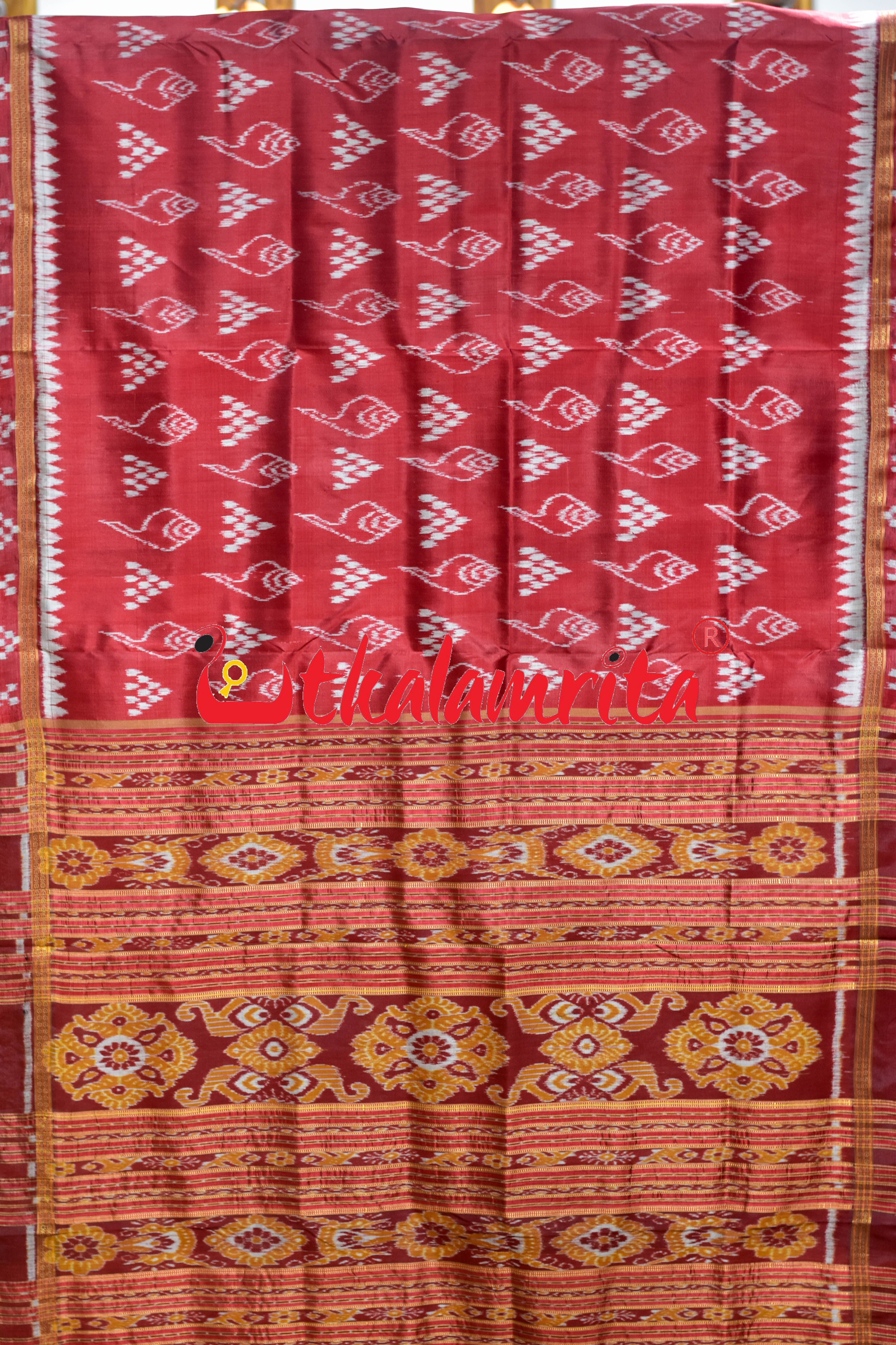 Maroon Chitta Sankha Khandua Silk Saree